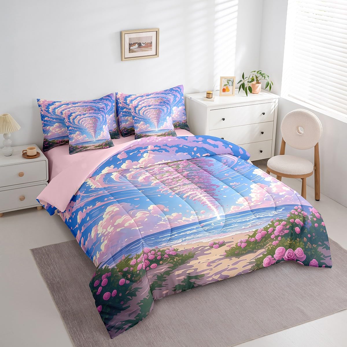 Erosebridal Sea of Floral Comforter Set Queen,Romantic Storm Tornado Bedding Set 7Pcs for Kids Girls Women,Summer Pink Cloud Quilt,Geometric Hurricane Tornadoes Bed in a Bag