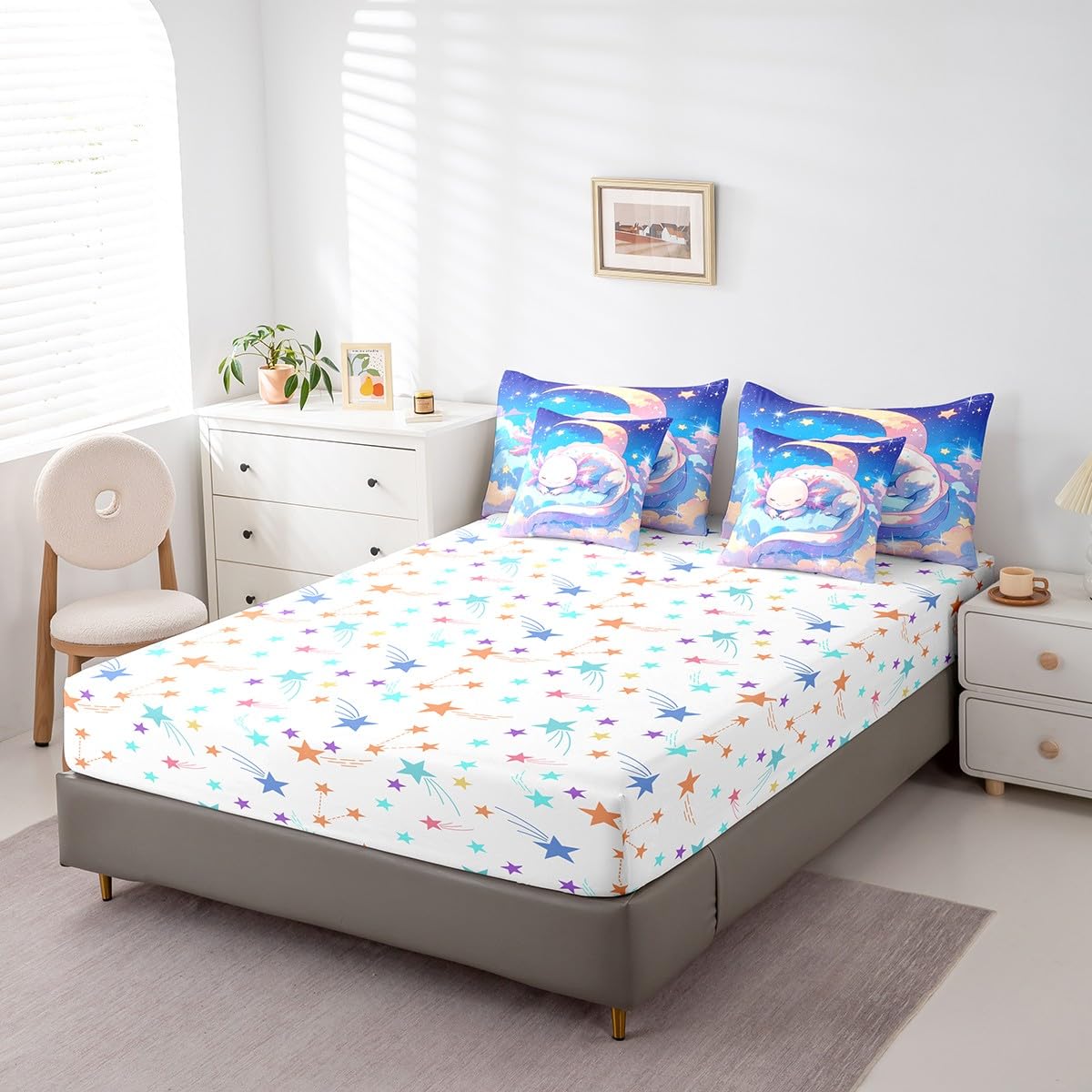 Feelyou Kids Cute Axolotl Bed in A Bag Twin Size, Galaxy 7 Pieces Bedding Set Boys Girls Cartoon Salamander Comforter Set with Sheets Kawaii Animal Teens Bed Set Bedroom Decor 7Pcs