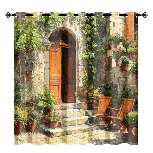 XSUPFLYM Colorful Realistic Stone House Window Perforated Curtains Vintage Classic Italian Spring Garden Plant Flowers Print Thermal Curtains Suitable for Bedroom 2 Panels Each 21" W x 45" L
