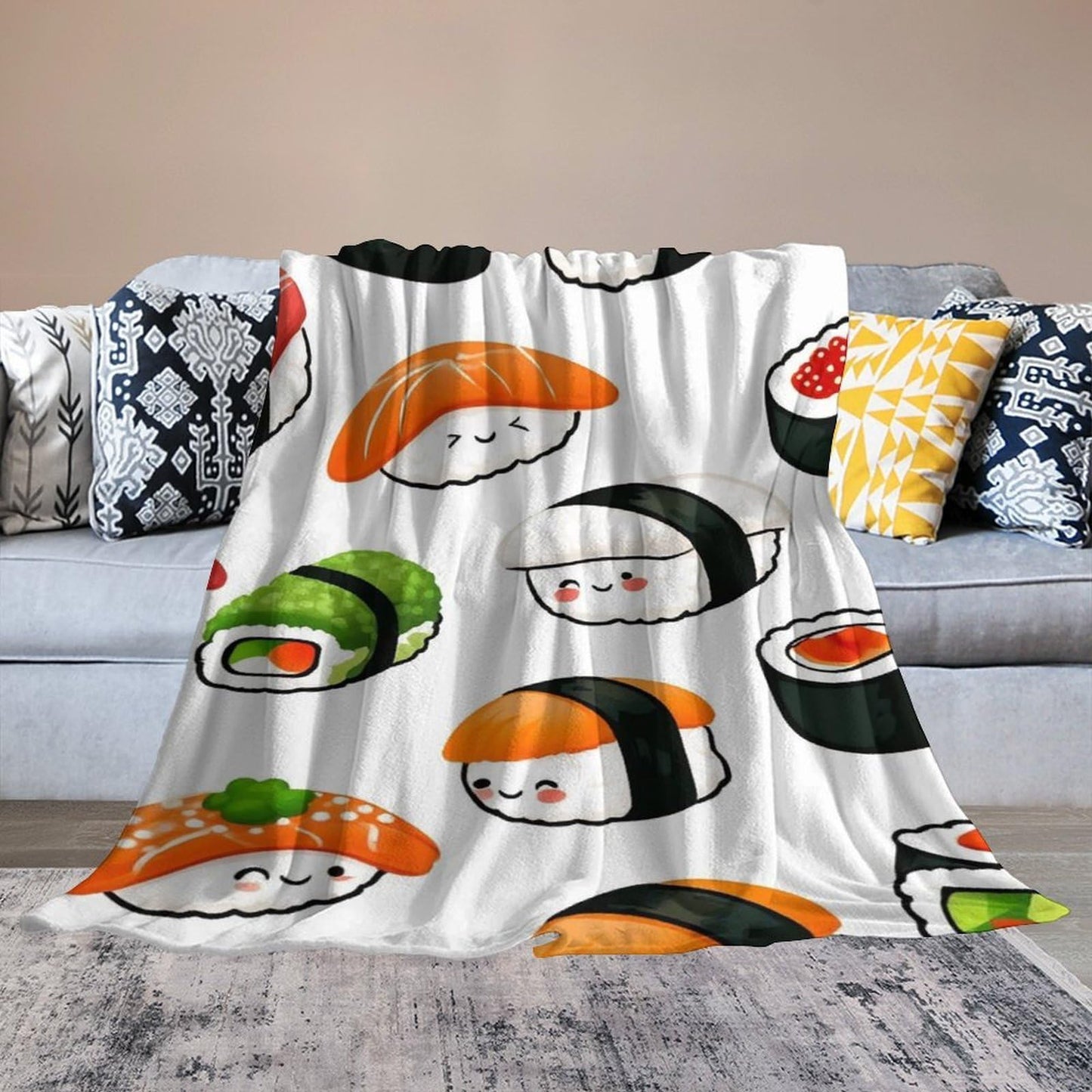 UTRSIFB Thick Carpet Chair Bedspreads Fashion Blanket Flannel Cover for Men and Women Cute Food Japanese Sushi