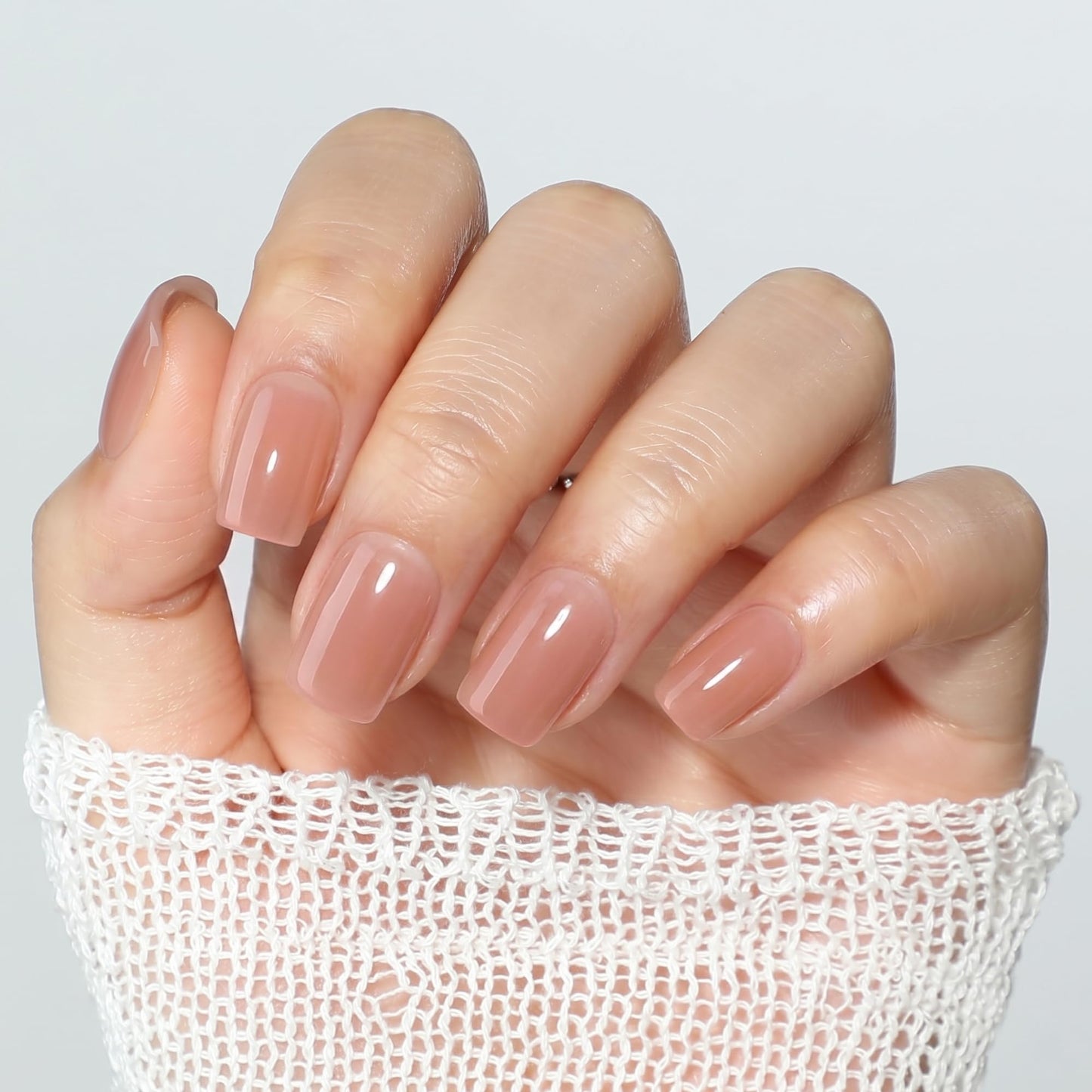 UNA GELLA Short Square Press On Nails, Soft Gel Fake Nails, 32Pcs 16 Sizes Natural Fit False Nails, Sheer Nude Jelly Beige Glossy Glue On Nails with Glue and Adhesive Tabs