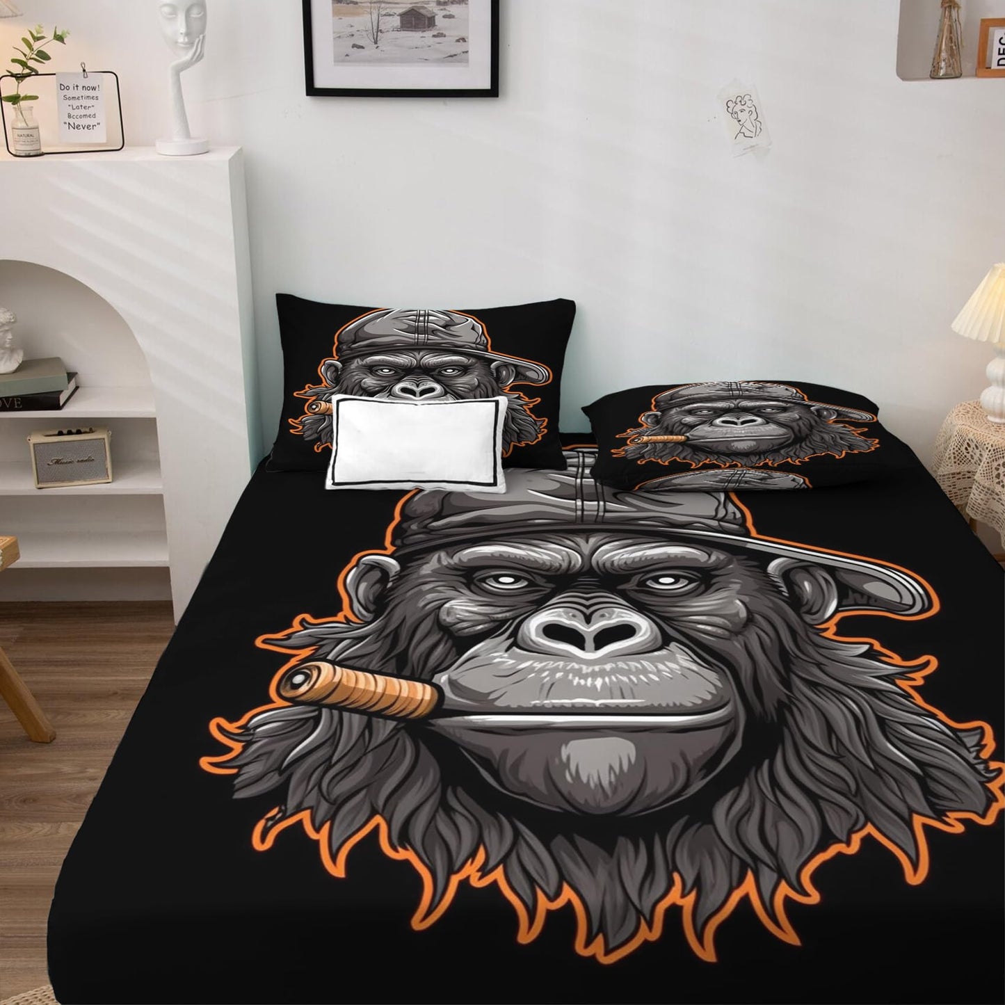 Gorilla Sheets King Size, Funny Animal Bed Sheets, Patterned Bedding Sheets & Pillowcases 4 Piece Set - Soft Microfiber Deep Pocket Fitted Sheet & Flat Sheet & 2 Pillow Cases J9-&-207
