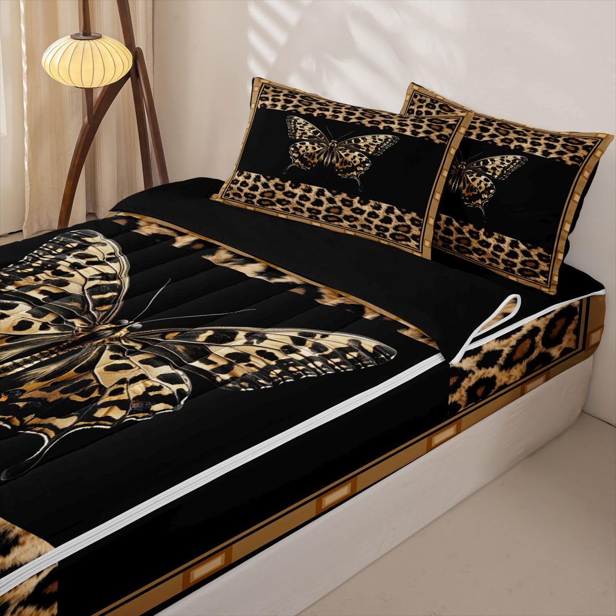 Feelyou Cute Brown Butterfly Zipper Bedding Leopard Print Comforter Set for Kids Boys Girls Queen Size Modern Animal Fur Print Zippered Kids Bedding Set Ultra Soft Cheetah Decor Bed in a Bag