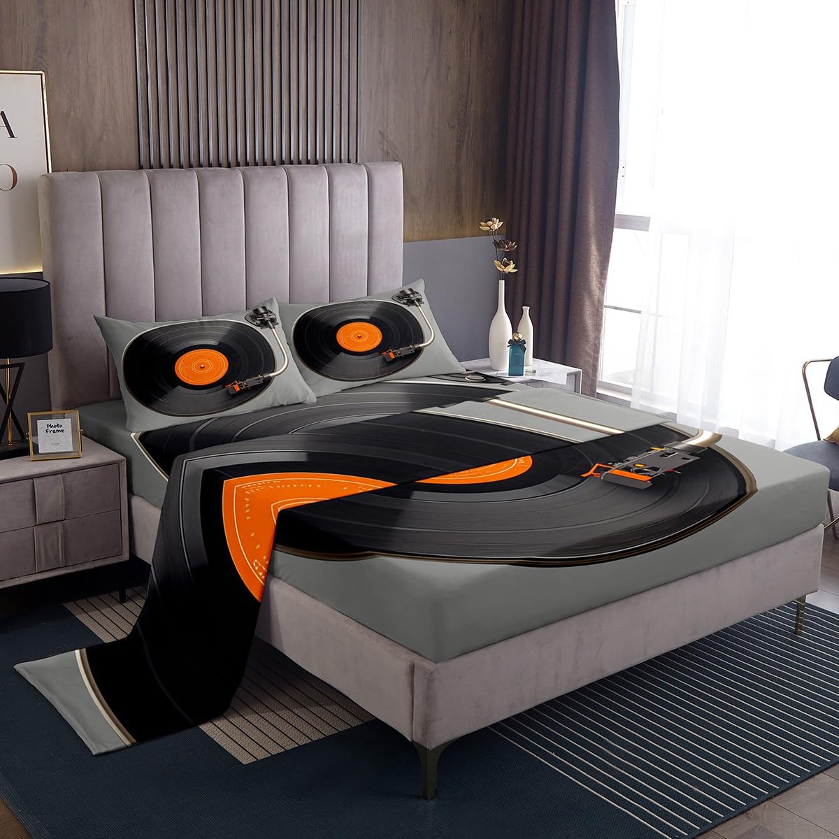 Feelyou Vinyl Record Sheet Set CD Card Bed Sheets Set for Kids Disc Music Sheets with Deep Pocket Fitted Sheet Grey Black Bedding Set Bedroom Decor 3Pcs Twin