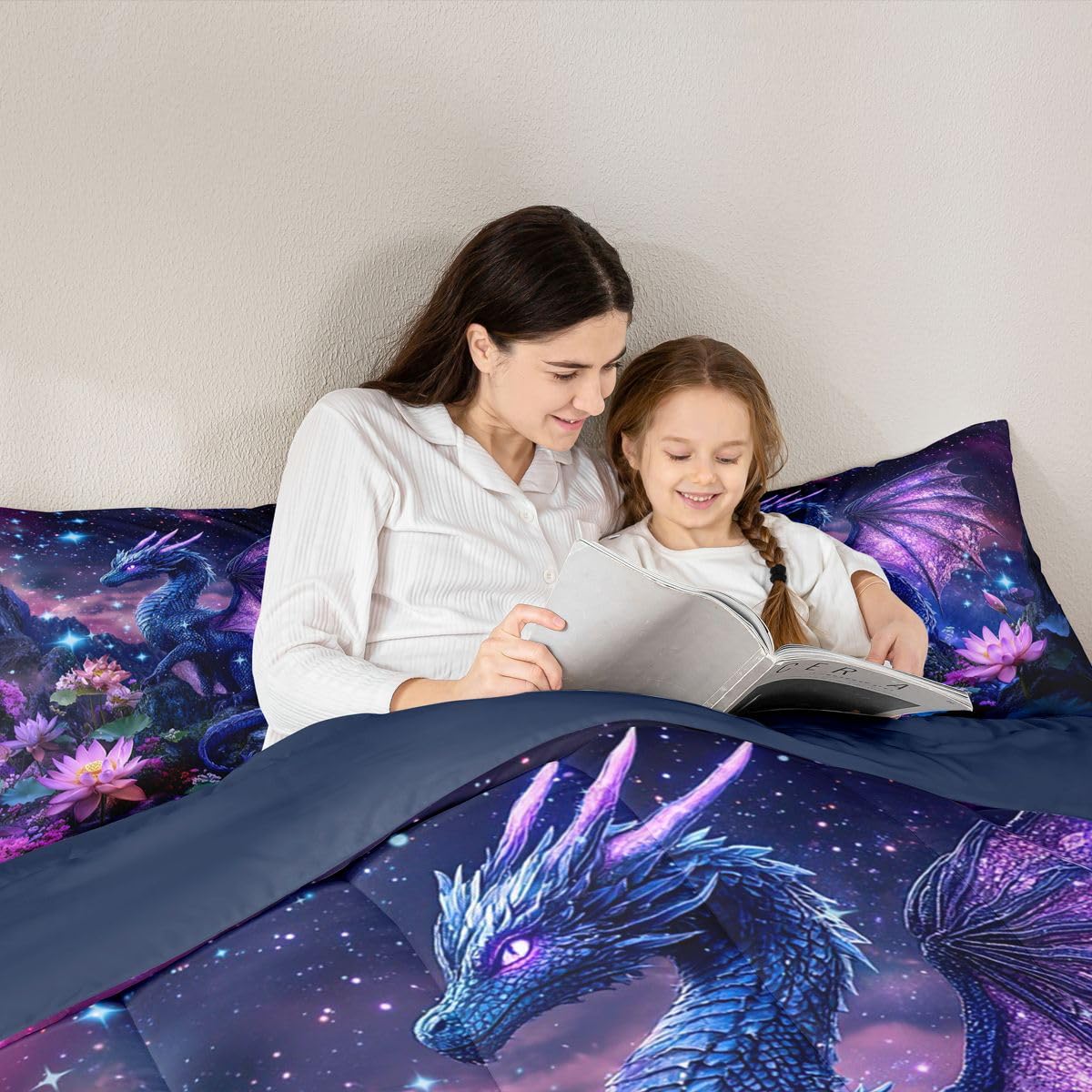 Feelyou Dragon Comforter Set Twin Size Dragon Stuff Bedding Set for Kids Boys Girls Wild Life Duvet Quilt Magic Wildlife Bedroom Decor Dull Purple Microfiber 2 Pcs with 1 Pillow Cases