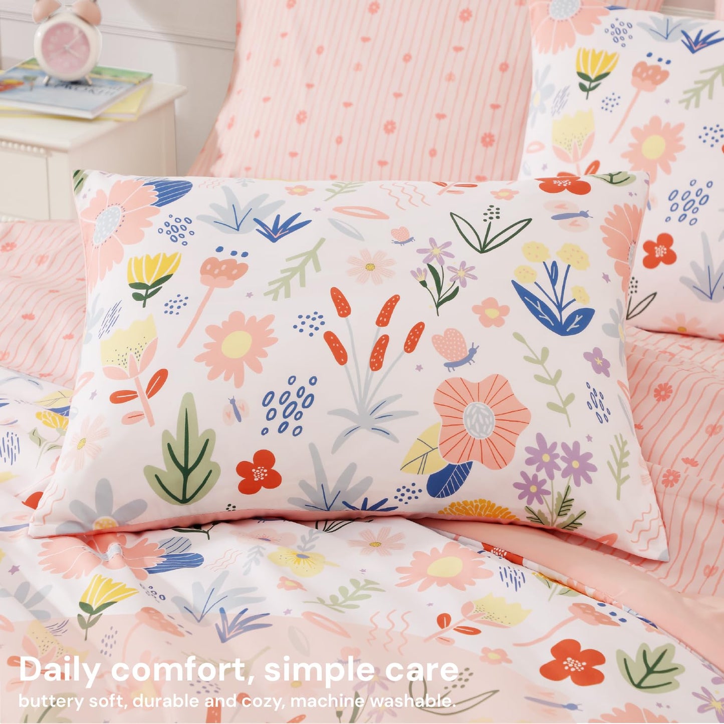 BLOOMHAVEN Twin XL Comforter Set for Girls, 5 Pieces Pink Bedding Set with Pastel Flower, All Seasons Kids Twin Comforter Set with Sheets, Pillowcase & Sham