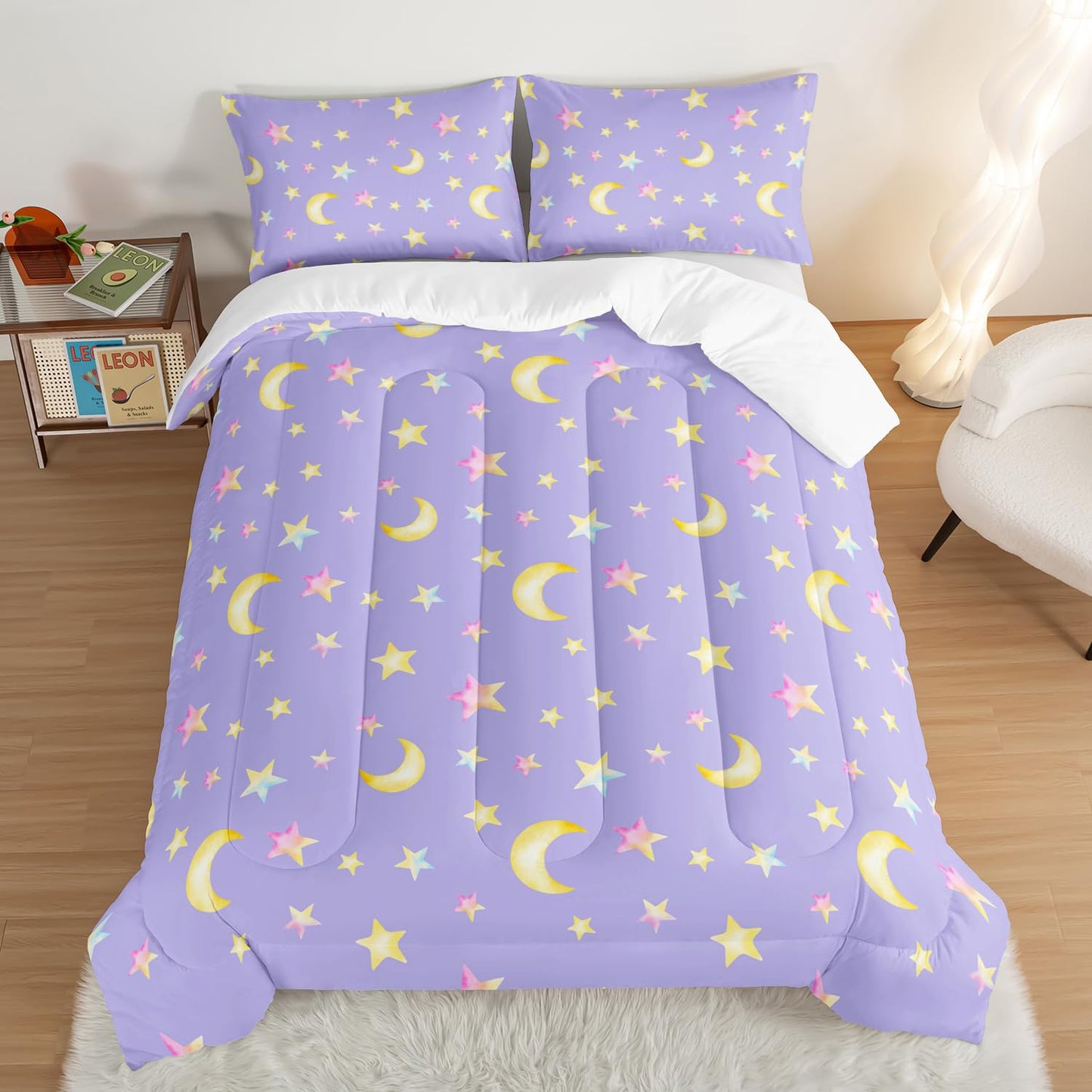 UEVBF Yellow Stars and Moon Comforter Set Queen Size,3 Piece Space Themed Girls Bedding for Kids Room Decor,Soft and Lightweight Bedding Comforter Sets with 2 Pillowcases.