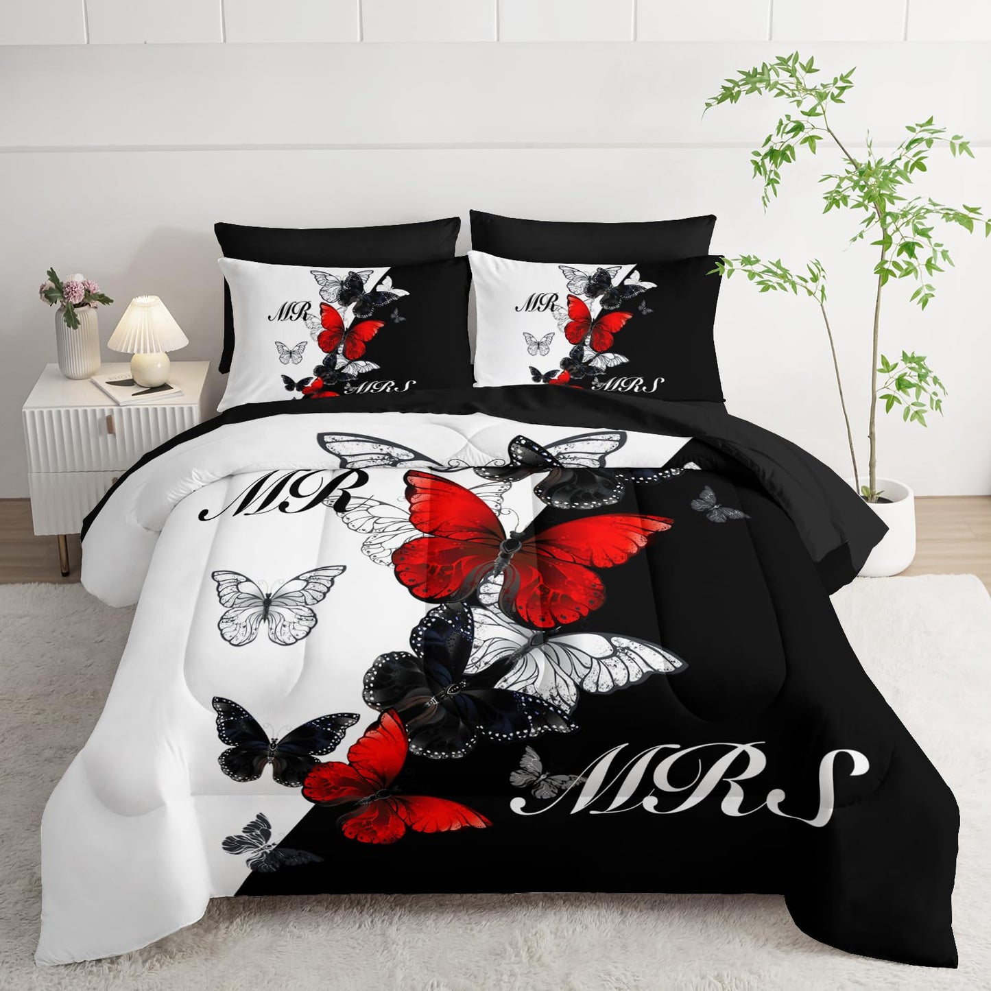 AILONEN Mr Mrs Black and White Comforter Set Queen - 7Pcs Soft Bed in a Bag -Red Black Butterfly Comforter,Fitted Sheet,Flat Sheet,2 Pillowcases,2 Pillow Shams for Room