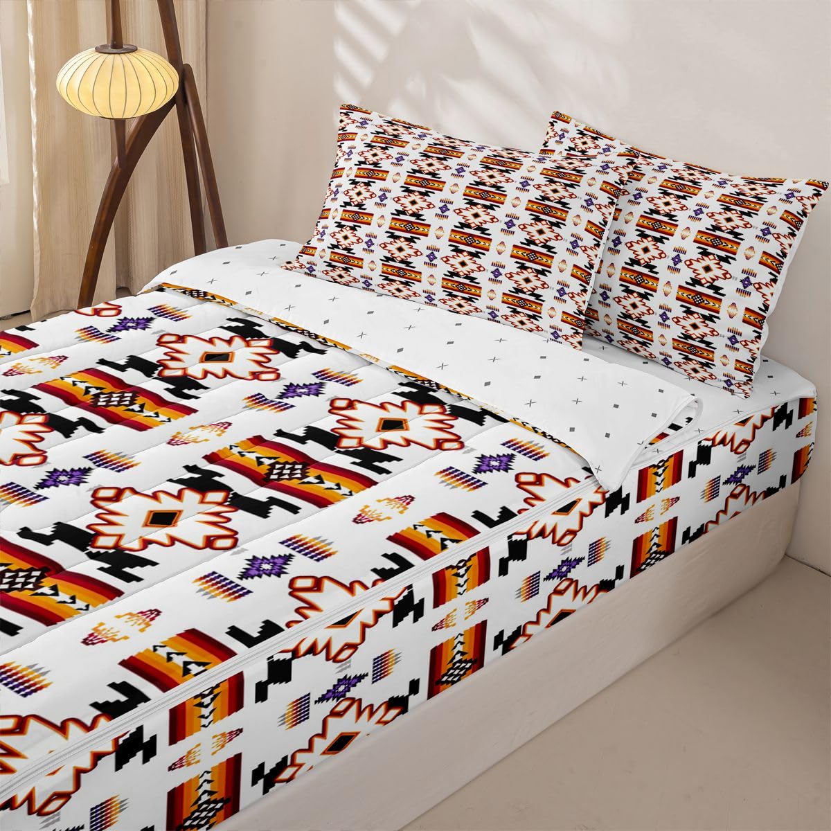 Erosebridal Western Aztec Zipper Bedding Queen Vintage Geometric Zip Up Bedding Set for Boys and Kids, Boho Western Bed in a Bag Native American Rustic Farmhouse Comforter Set with Sheets White