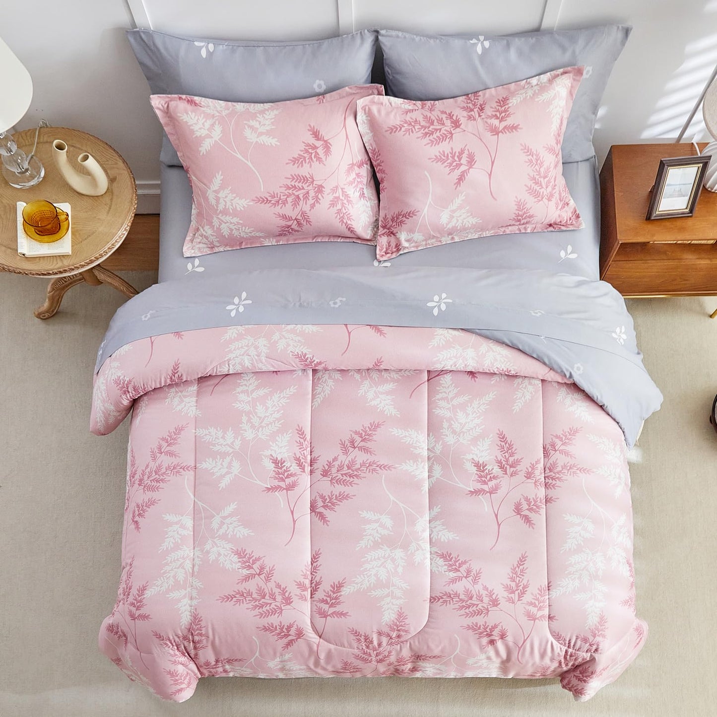 AIKASY Pink Queen Comforter Set with Sheets,Bed in a Bag 7-Pieces,Palm Tree Totem Printing Design,Ultra Soft Down Alternative All Season Bedding Set(Queen, Pink)