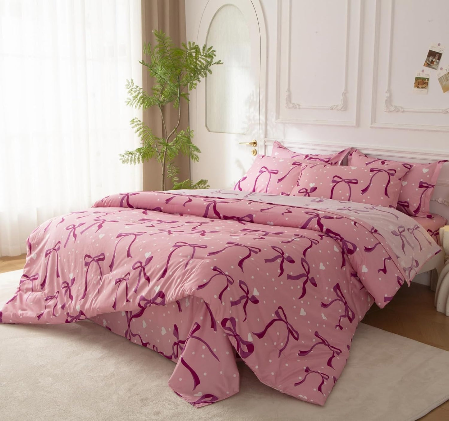 SDY Pink Bow Twin Size Comforter Set, Luxury Soft Bed in a Bag Twin 5 Pieces, All Season Bedding Set with Comforters, Sheets, Pillowcase & Sham