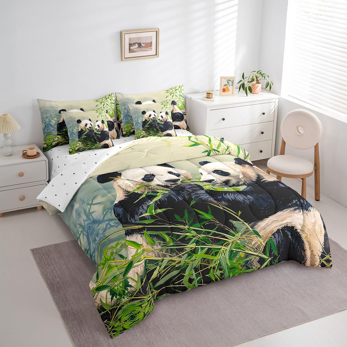 Feelyou Panda Full Size - 7 Pieces Bed in a Bag Set Cute Panda Comforter Set with Sheets for Boys Girls Kawaii Bedding Sets with Comforter, Flat Sheet, Fitted Sheet, Pillowcases, Pillow Covers