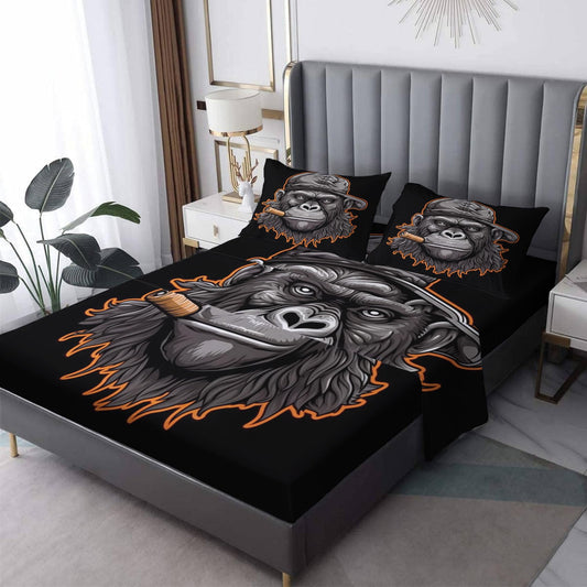 Gorilla Sheets King Size, Funny Animal Bed Sheets, Patterned Bedding Sheets & Pillowcases 4 Piece Set - Soft Microfiber Deep Pocket Fitted Sheet & Flat Sheet & 2 Pillow Cases J9-&-207