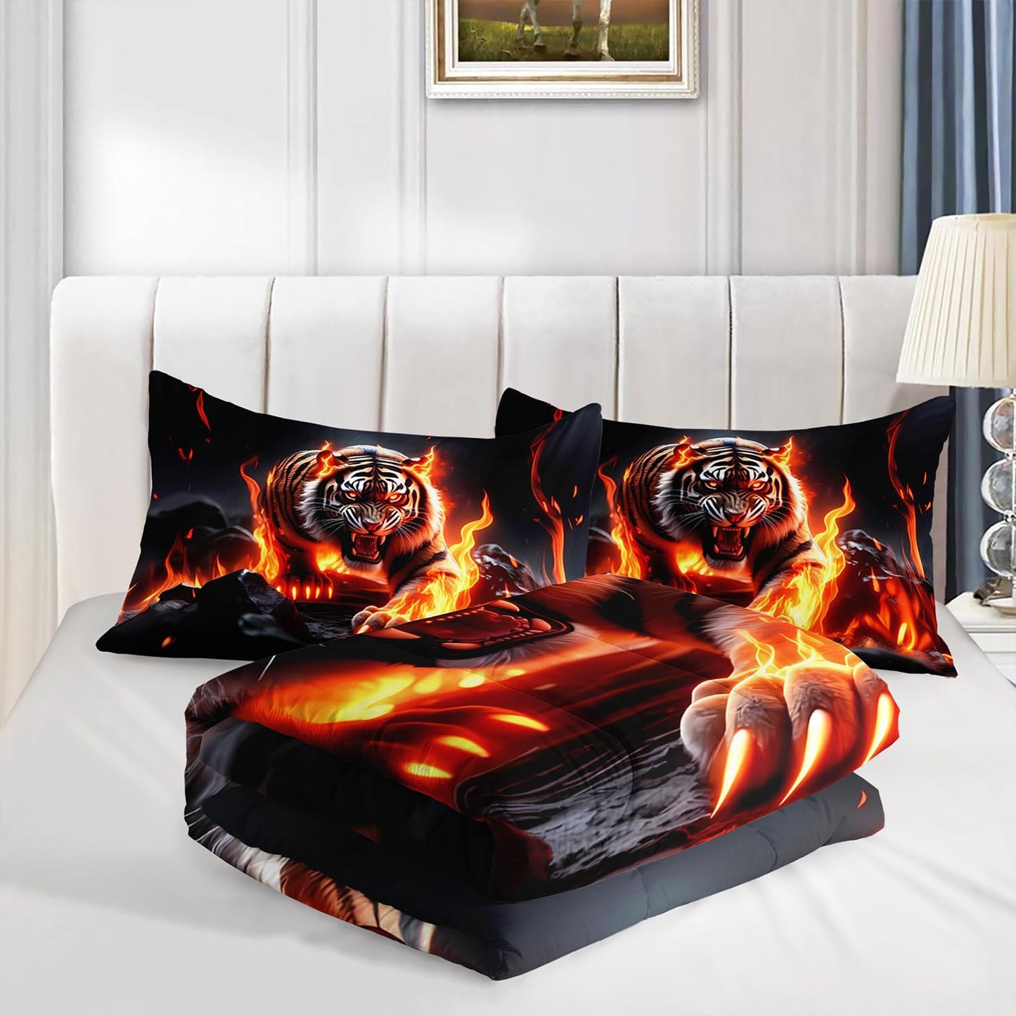 UEVBF Fierce Tiger Comforter Set Queen Size,Wild Animal Themed Bedding Sets for Kids Adults Boys Room Decor,with Flame Bed in a Bag Queen with 2 Pillowcases.