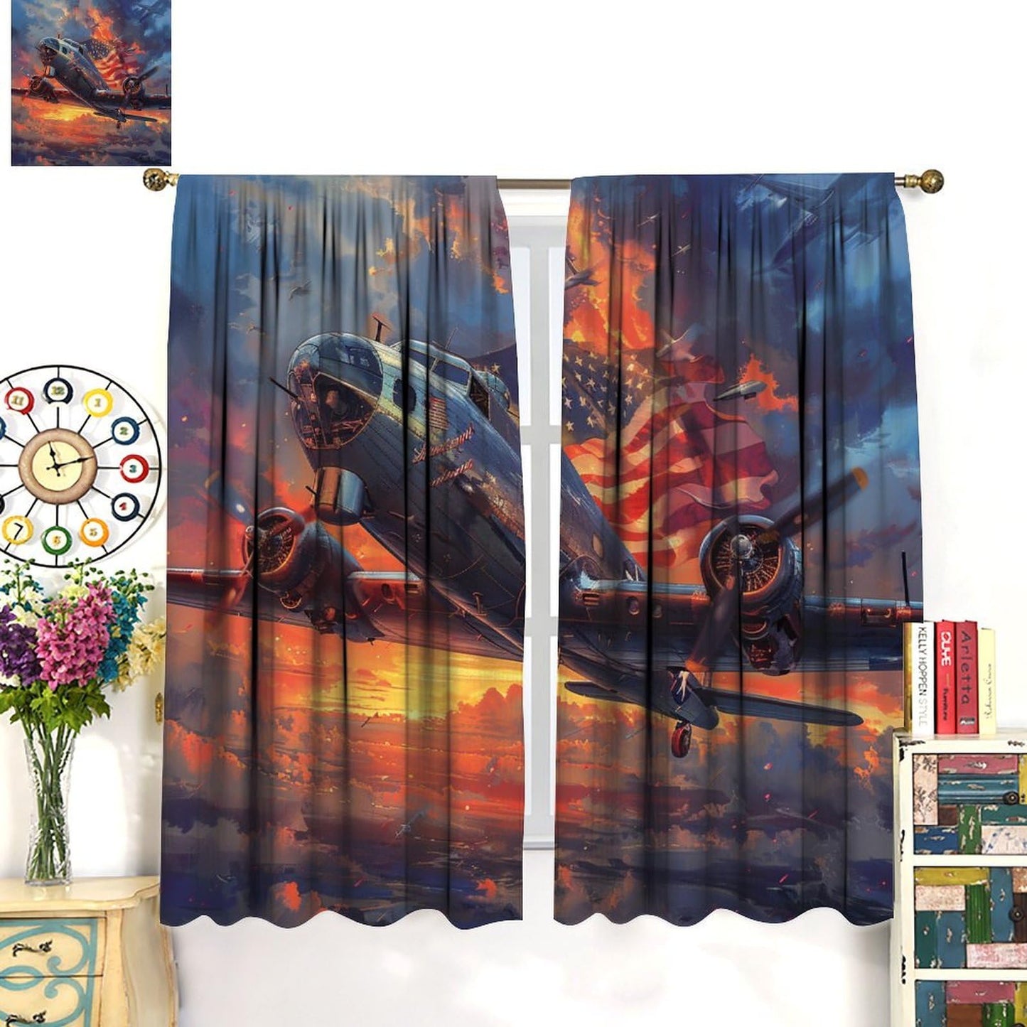 TOWINSFB American Flag Airplane Blackout Curtains, Retro Sunset Aircraft USA Patriotic Home Decor Rod Pocket Window Drapes for Living Room Bedroom - 2 Panels, Each 21" W x 63" L