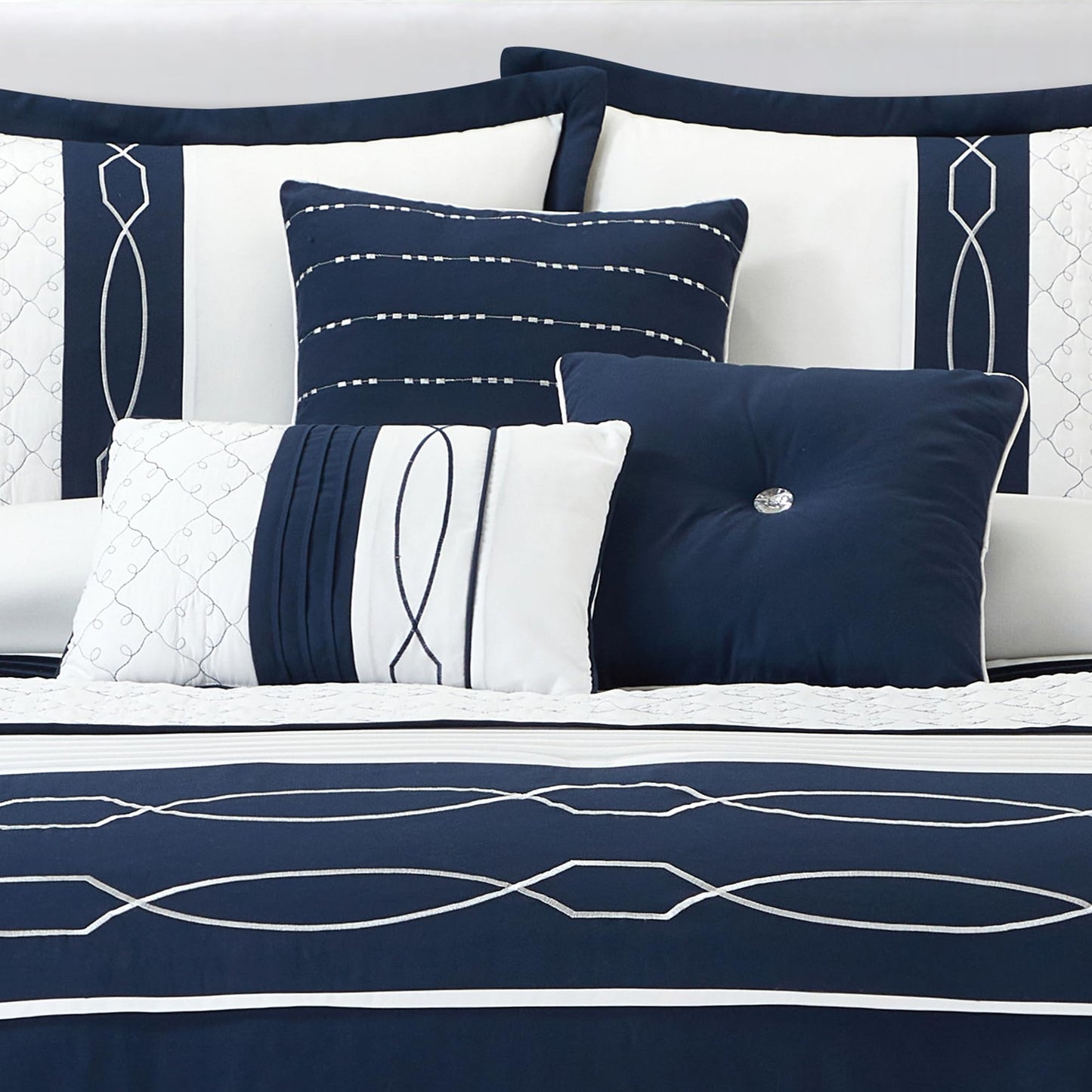 LANCO MODERN LIFESTYLE 7 Piece Comforter Set, Queen, White Navy Geometric Design, 100% Polyester, Luxury All Seasons Bed Set Includes Comforter, Bed Skirt, Pillow Shams, and Decorative Pillows