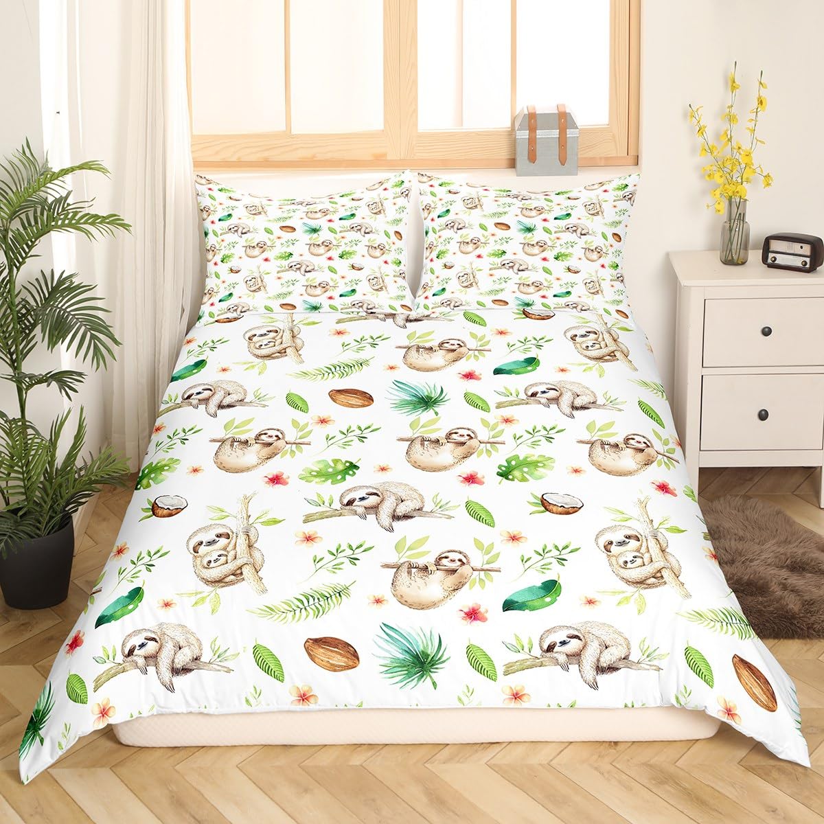 Homewish Sloth Duvet Cover Set Cartoon Sloth Tree Leaf Print Bedding Set 3pcs for Kids Boys Girls Animal Theme Comforter Cover Soft Polyester Quilt Cover with 2 Pillow Cases (No Comforter) King Size