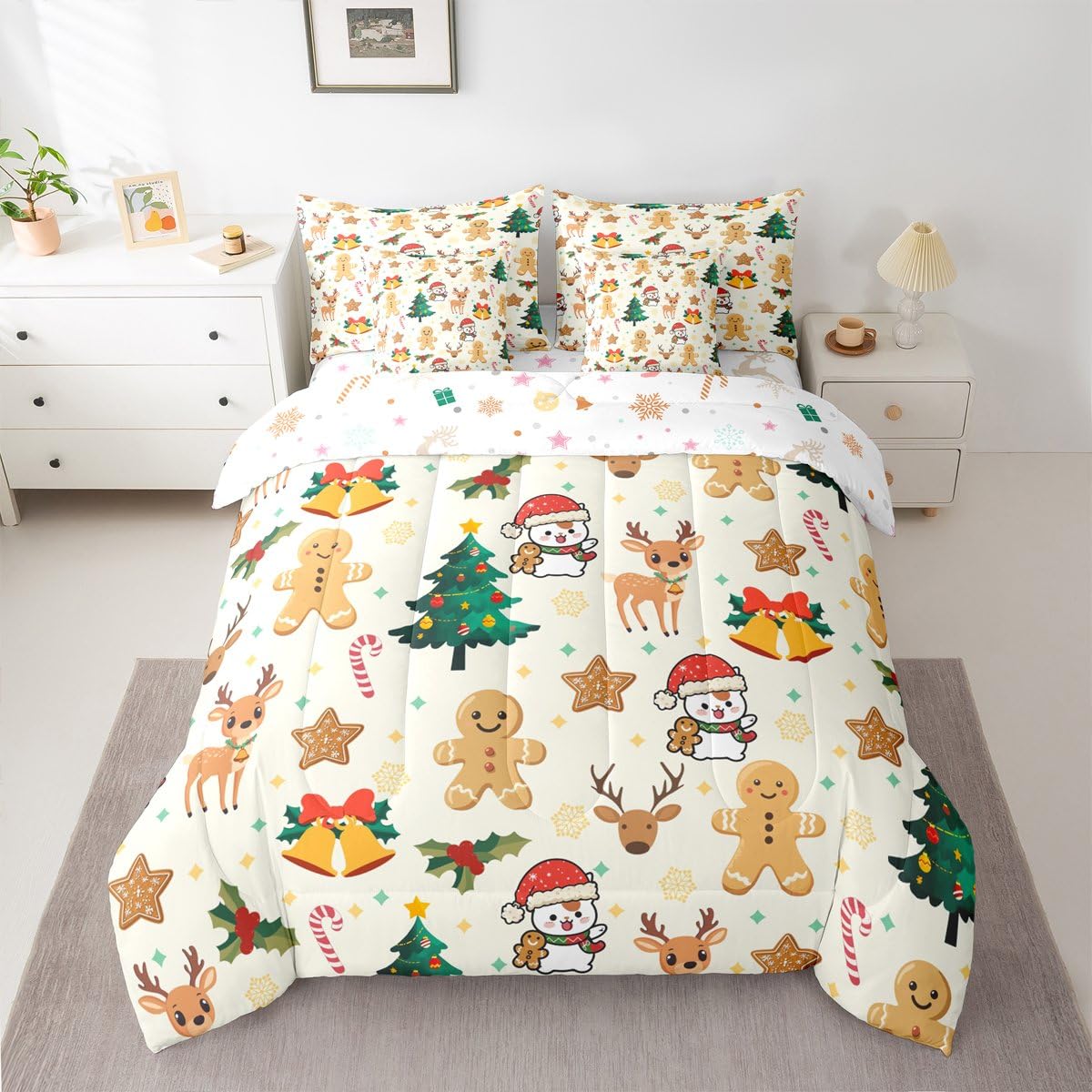 Feelyou Merry Christmas Comforter Set with Sheets 7 Piece Twin Size Gingerbread Man Bed in a Bag Kids Boys Girls Cute Deer Bedding Set Christmas Tree Soft