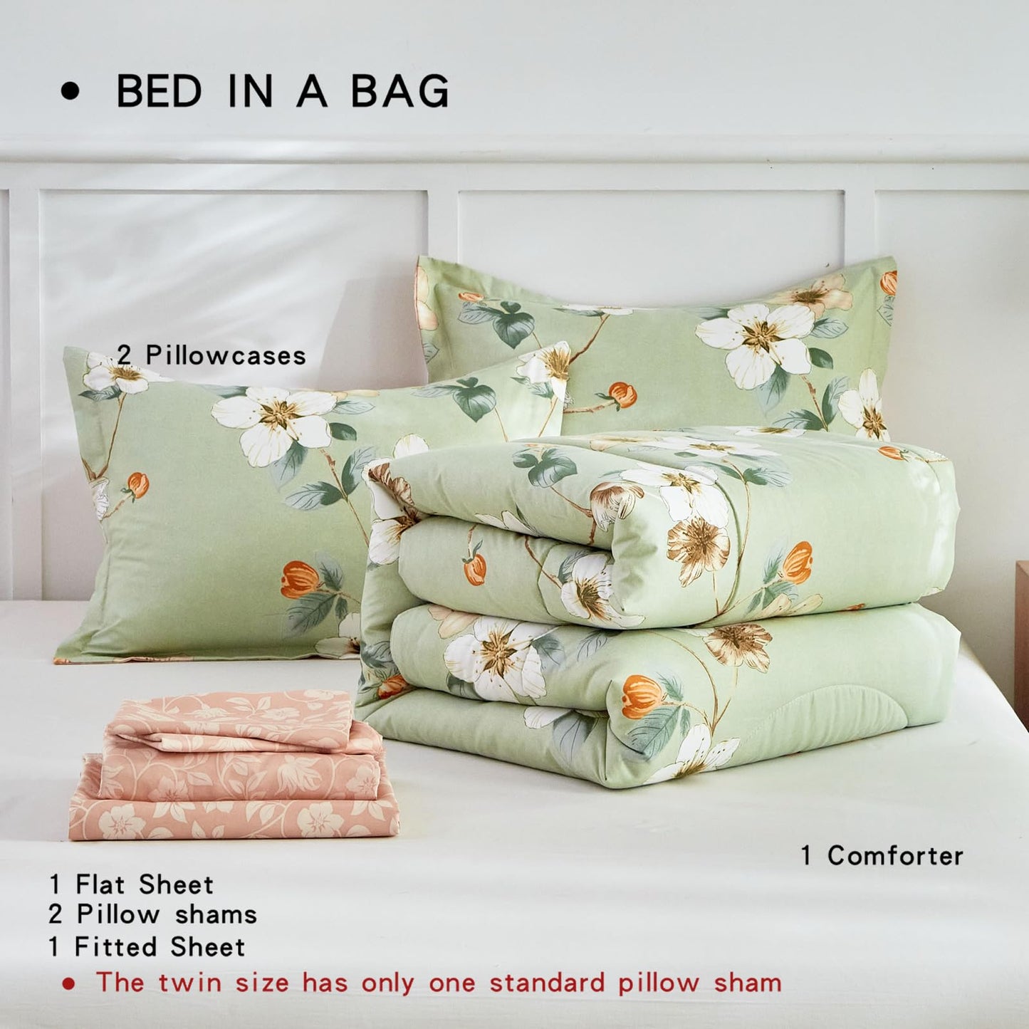 AIKASY 7 Piece Floral Comforter Set King Size - Soft Microfiber Bed in a Bag with Sheet Set for All Seasons - Green Flower Botanical Design - Reversible Bedding Set