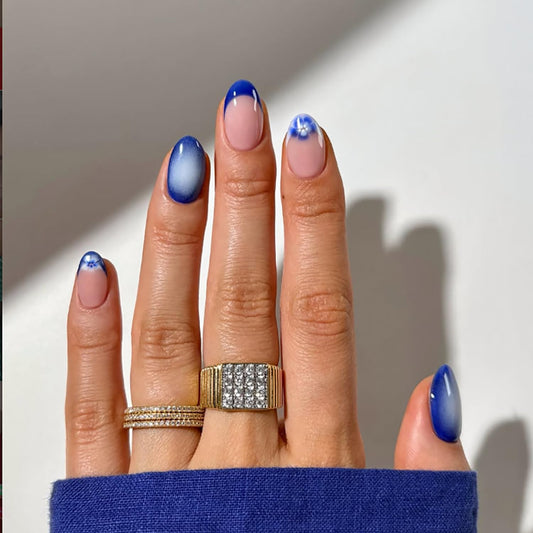 French Press On Nails Short Almond Fake Nails With Blue Flower Design Glue On Nails Pink Glossy False Nails Full Cover Reusable Acrylic Nails For Women