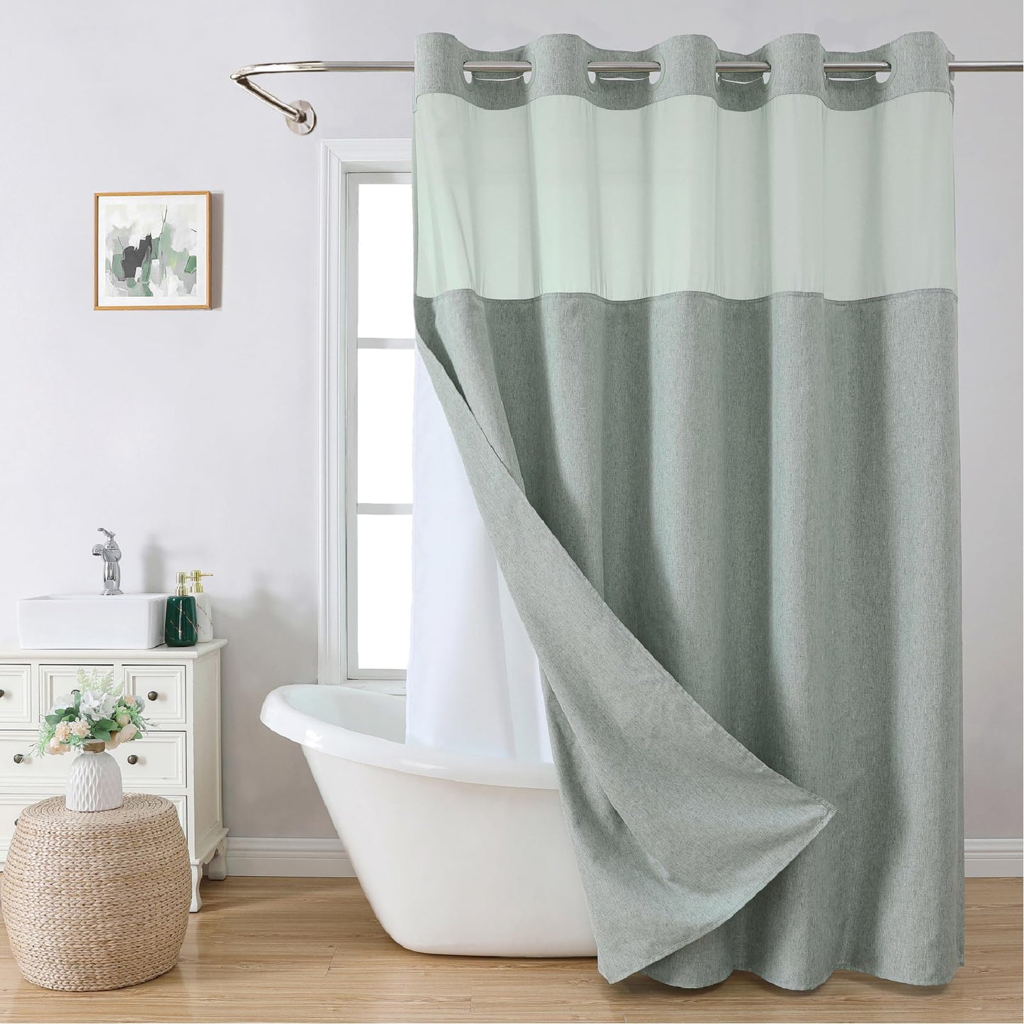 eachope No Hooks Needed Linen Textured Shower Curtain with Snap-in Fabric Liner Set,Sage Green Hotel Luxury Decor Shower Curtains for Bathroom,Water Repellent & Washable,71Wx77H