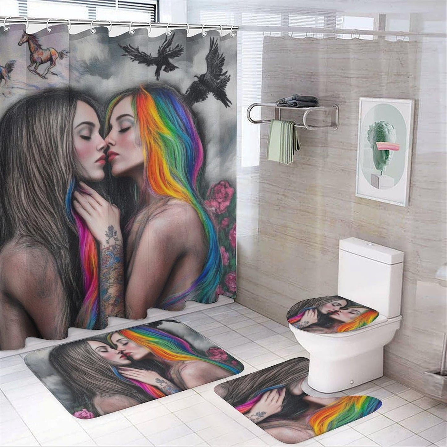 Supdreamc 4 Pc Goth Gothic Girl Lace Love LGBT Lesbian Pride Shower Curtains + Tub Shower Bath Rug Set, Water Repellent Shower Stall Curtain Absorbent Shaggy Rugs