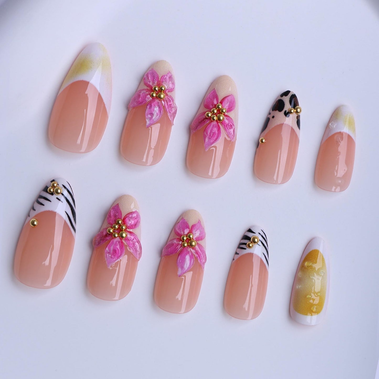 octoswave Press on Nails Medium Almond Fake Nails Pink French Artificial Nail 3D Flowers Stick on Nail for Women 24pcs