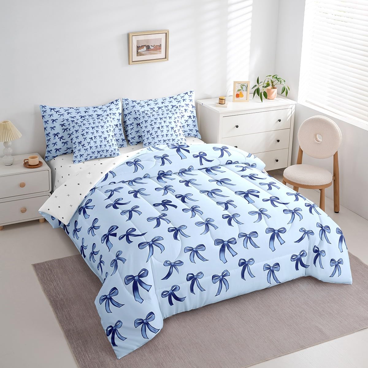 Erosebridal Blue Bow 7-Piece Bedding Set Twin Size Teen Girl Coquette Bow Comforter Set with Sheets Modern Trendy Cute Bowknot Bed in A Bag for Preppy Princess Fashion Bowknot Quilt Duvet Bed Sets