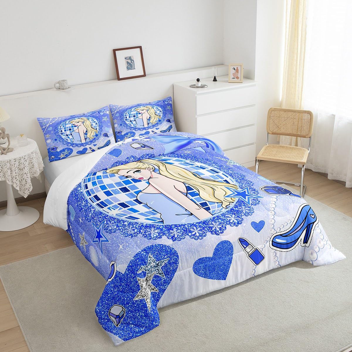 Princess Girly Kids Comforter Set Queen Size,Bowknot High-heeled Shoes Lip Dreamy Bedding Set,Girls Women Room Decor,Glitter Sequin Star Diamond Down Comforter,Blue Noble Duvet Insert,2 Pillowcases