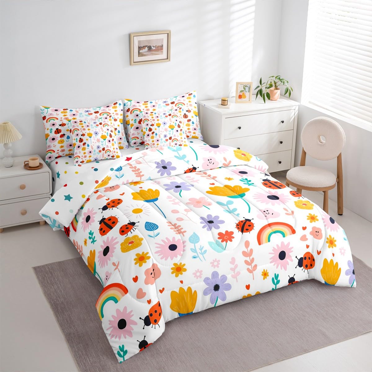 Feelyou Floral Queen Comforter Set with Sheets for Kids Boys Girls Butterfly 7 Pieces Bedding Set Cute Bed in a Bag Rainbow Room Decor Garden Plant Soft Lightweight Microfiber