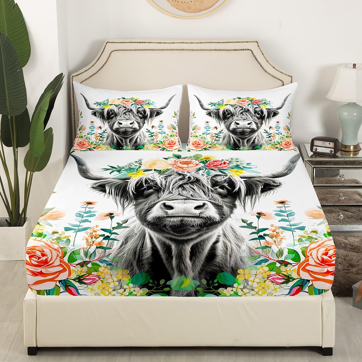 Highland Cow Bed Sheet Set for Girls Boys Kids Bull Cattle Flowers Bedding Set Wild Animal Fitted Sheet & Pillow Sham Set Floral Room Decor Wildlife Farmhouse Cow Bed Cover No Flat Sheet Twin Size