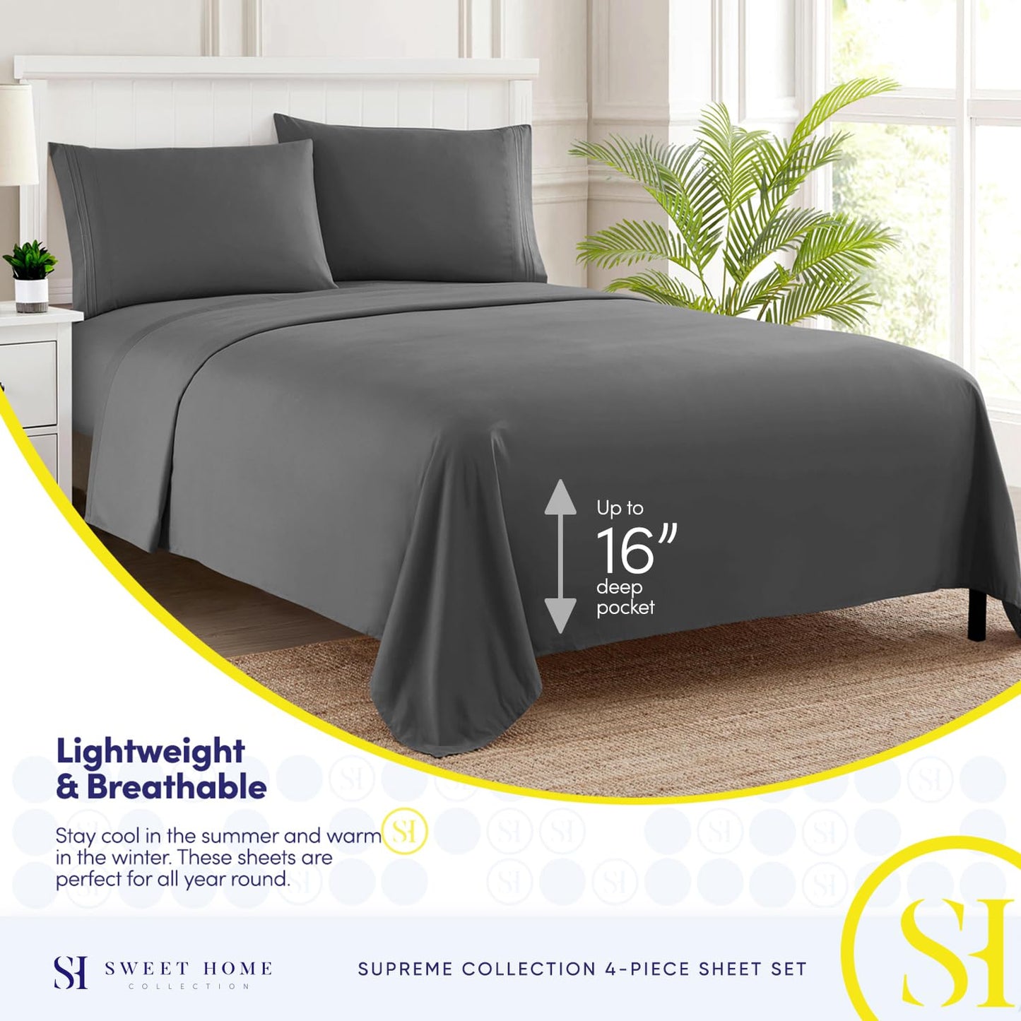 Queen Size Bed Sheets - Breathable Luxury Sheets with Full Elastic & Secure Corner Straps Built In - 1800 Supreme Collection Extra Soft Deep Pocket Bedding Set, Sheet Set, Queen, Gray