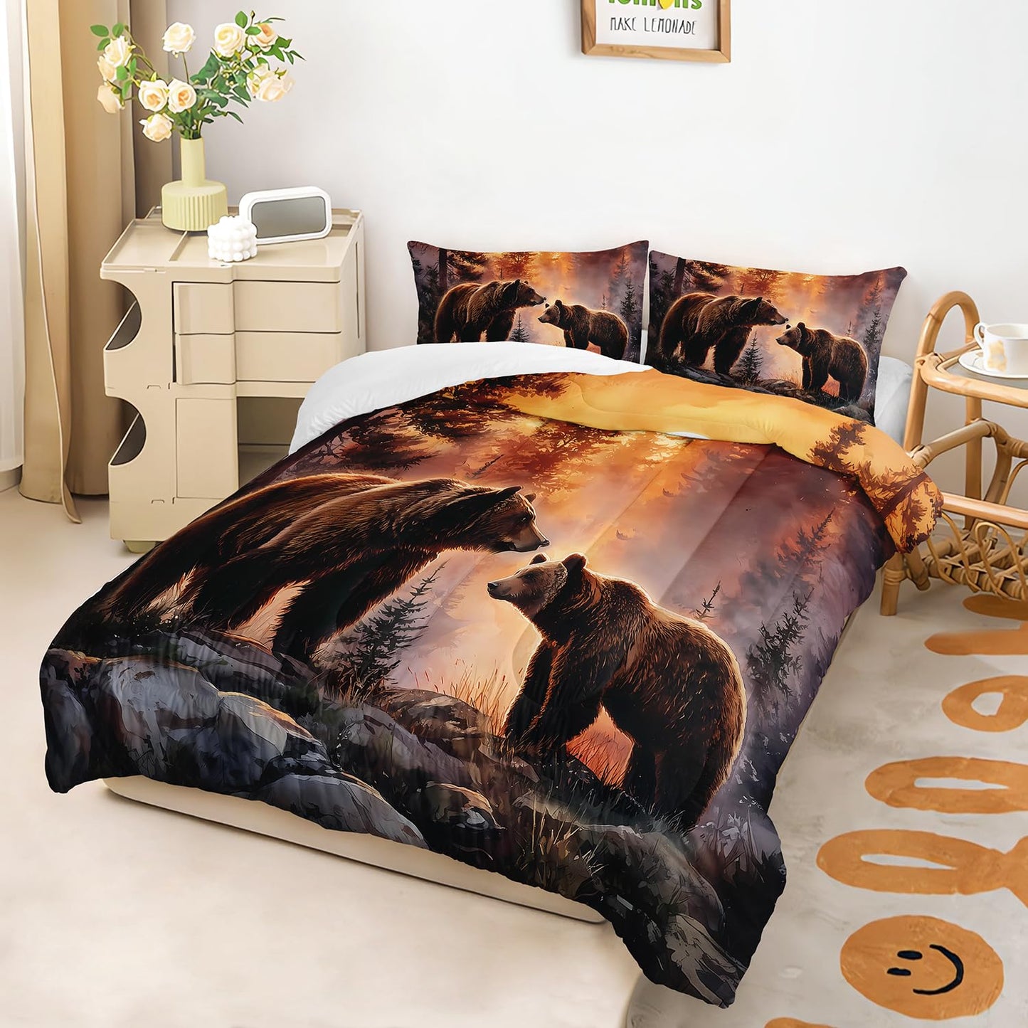Rustic Brown Bear Comforter 3Pcs Twin Wild Hunting Animal Bear Bedding Set