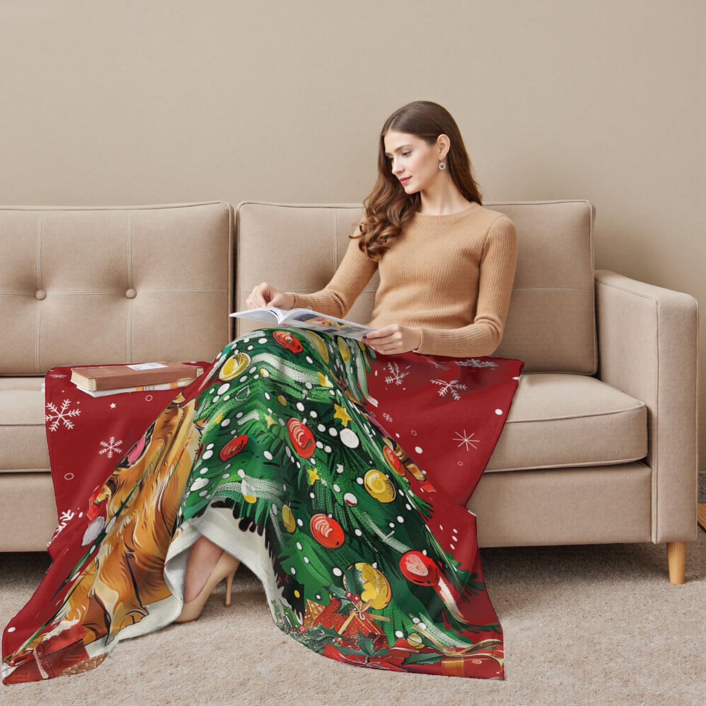 Christma Dog Throw Blanket 50 x 60 Inch Xmas Tree Bells Snow Snowflakes Soft Cozy Flannel Blanket Home Seasonal Decor Winter Gift Blanket for Living Room Sofa