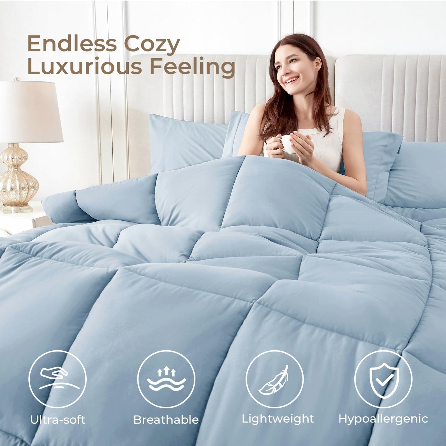 Sasttie Queen Comforter Set, 7 Pieces Bed in a Bag Queen, Complete Bedding Set Includes Comforter, Flat Sheet, Fitted Sheet, Pillowcases and Pillow Shams, Greyish Blue
