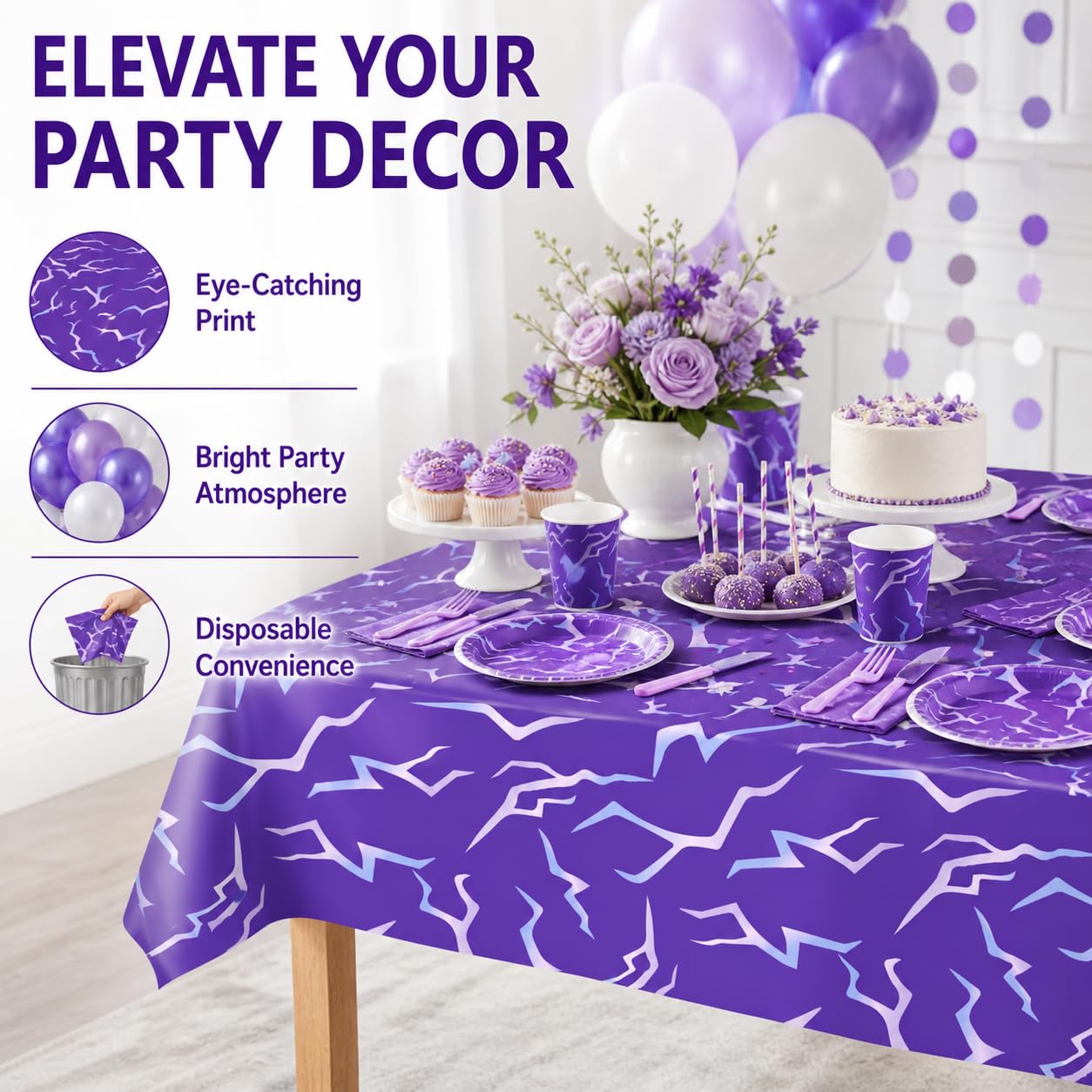 ANLLECR 3Pcs 54 x 108 Inch Purple Demon Lightning Theme Disposable Tablecloth, Waterproof Plastic Table Cover for Birthday Party, Music Themed Party, Halloween & Event Decorations