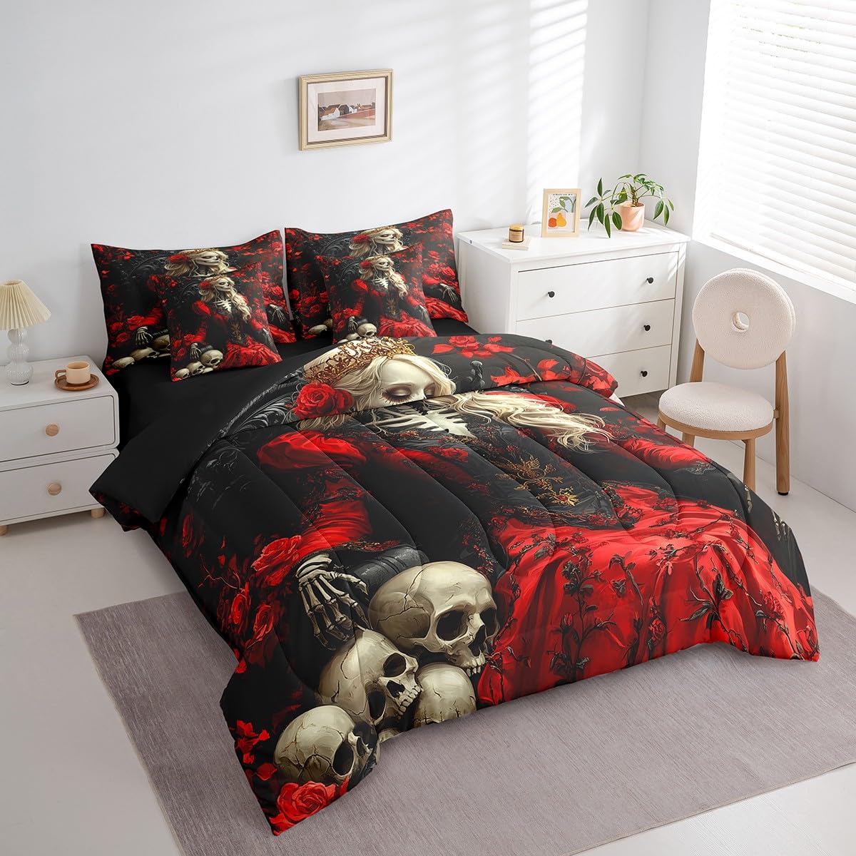 Erosebridal Queen Skull 7 Piece Bedding Set Romantic Skull Roses Full Comforter Set Gothic Skull Skeleton Bed in A Bag Skeleton Bones Flowers Sheet Set with Comforter for Kids Teen Adults