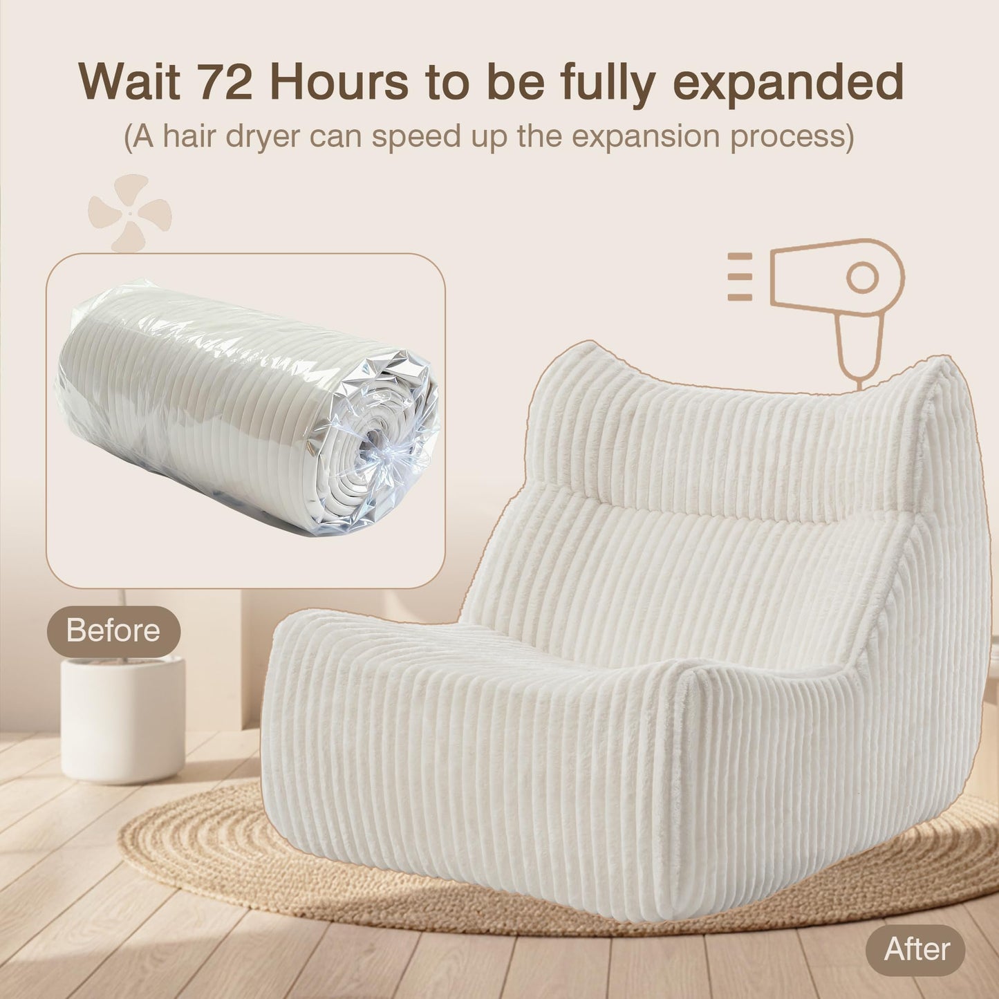 Ayiseedmid Big Bean Bag Chairs, Lazy Floor Sofa, Fireside Chair for Living Room, Bedroom, Office (White, Single Seat)