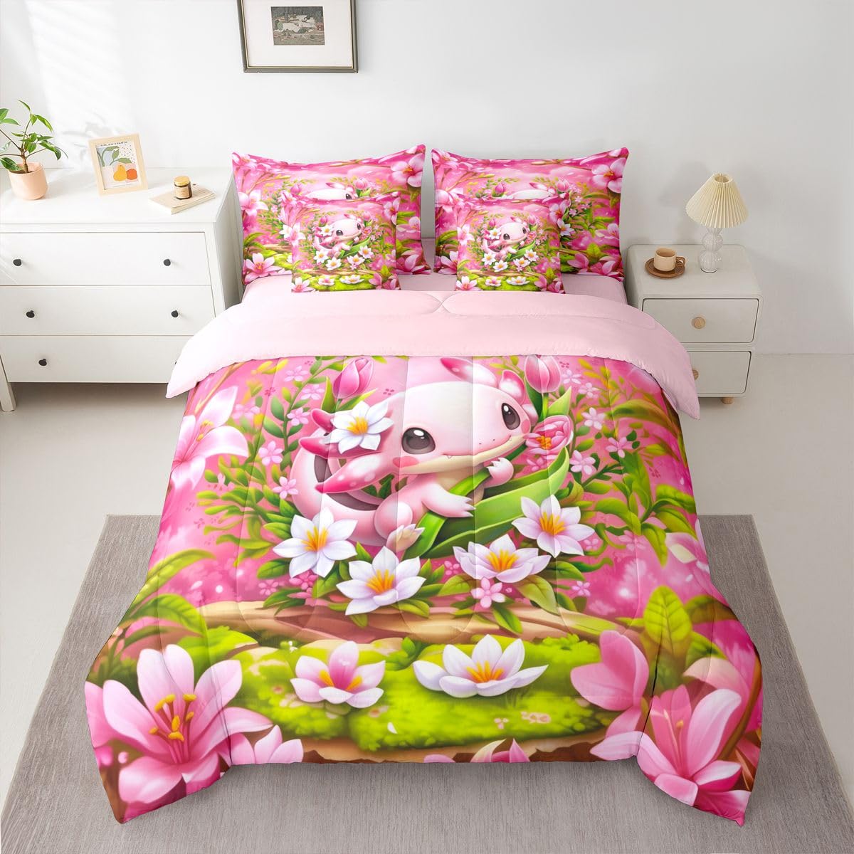 Erosebridal Romantic Axolotl Twin Size Bedding Set for Kids Girls Teens Pink Floral Axolotl 7 Pieces Comforter Set with Sheets Girly Cute Cartoon Animal Bed in a Bag Garden Botanical Flowers Bed Sets