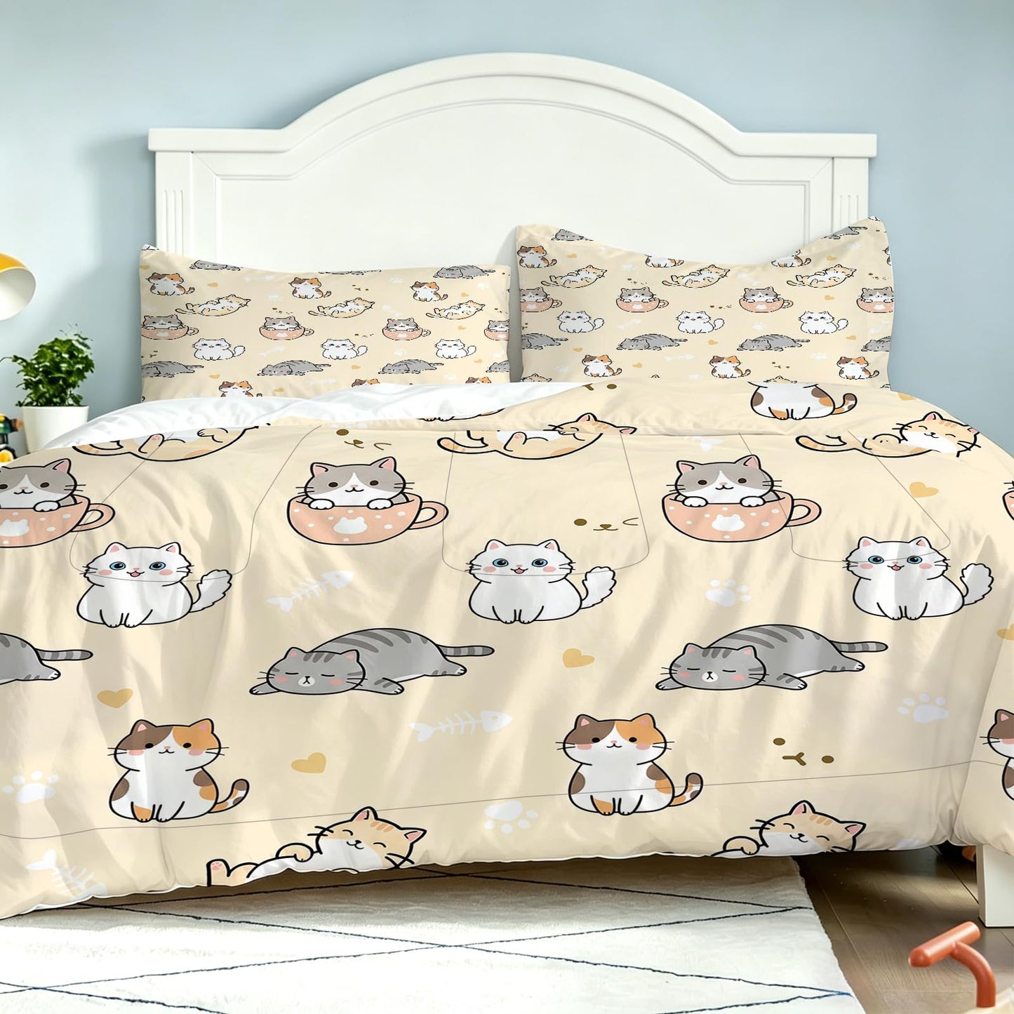 EDGZKO Cat Comforter Set Full Size Cartoon Cat Pattern Princess Bedding Set Soft Toddler Quilt Duvet Set Full Bed Set for Girls Kids Teens Adults Nursery 1 Comforter 2 Pillowcases