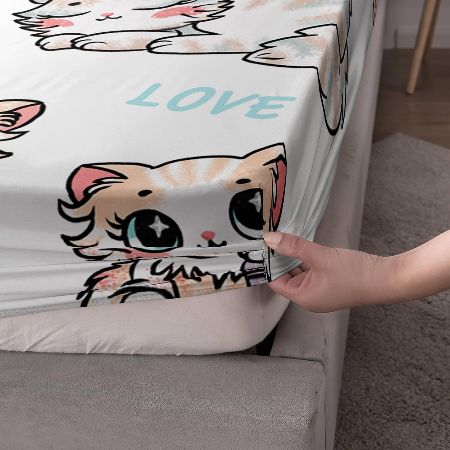 AILONEN Kids Cute Cat Fitted Sheet Set Twin Size, Cartoon Cat Print Bedding Set for Girls,Kawaii Animal Theme Microfiber Bed Sheet Set for Bedroom Decor,1 Fitted Sheet and 2 Pillowcases,3 Pieces