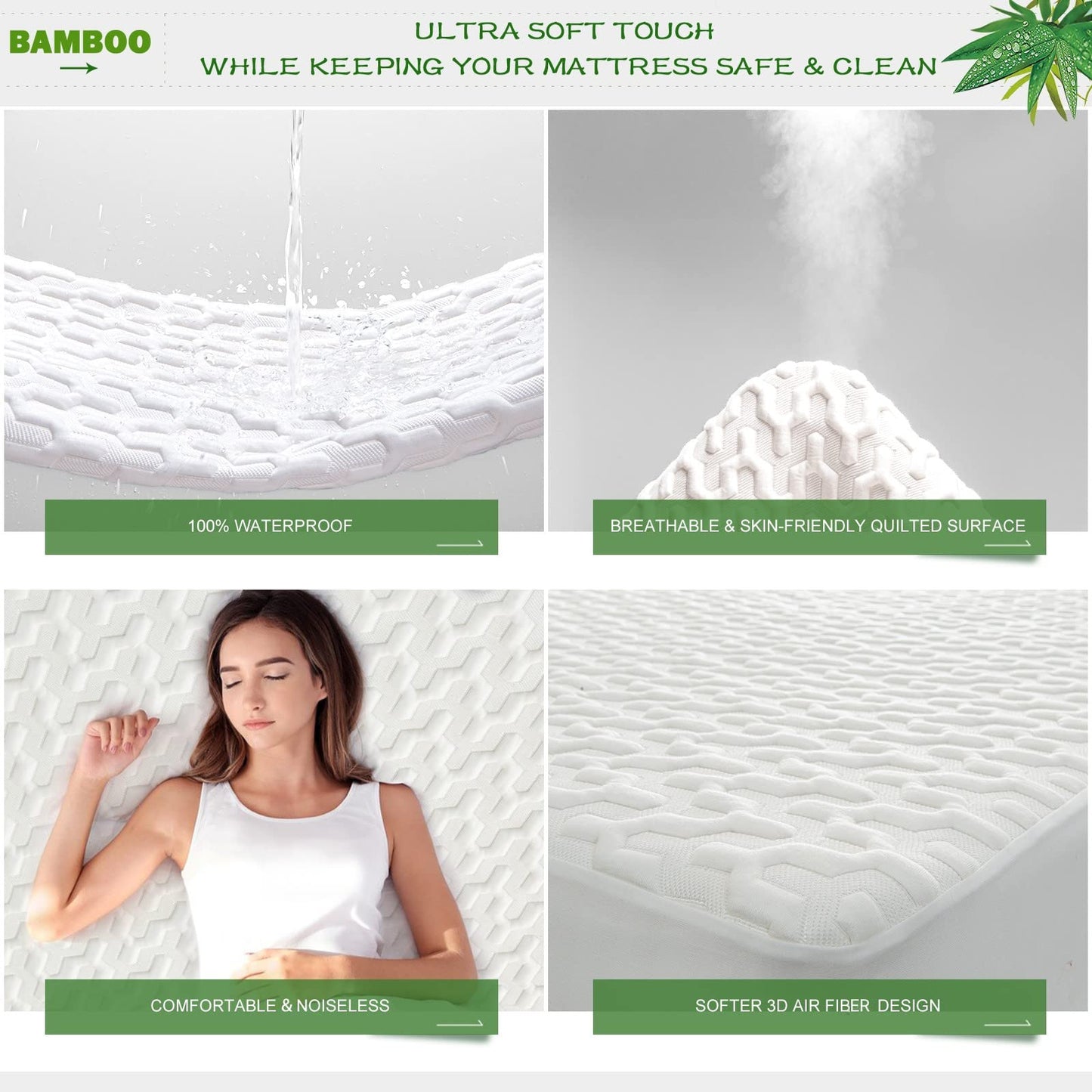 GRT Cal King Waterproof Mattress Protector Rayon Bamboo - 3D Air Fiber Cooling Mattress Protector Cover, Breathable Mattress Pad Noiseless 8''-21'' Deep Pocket Machine Washable