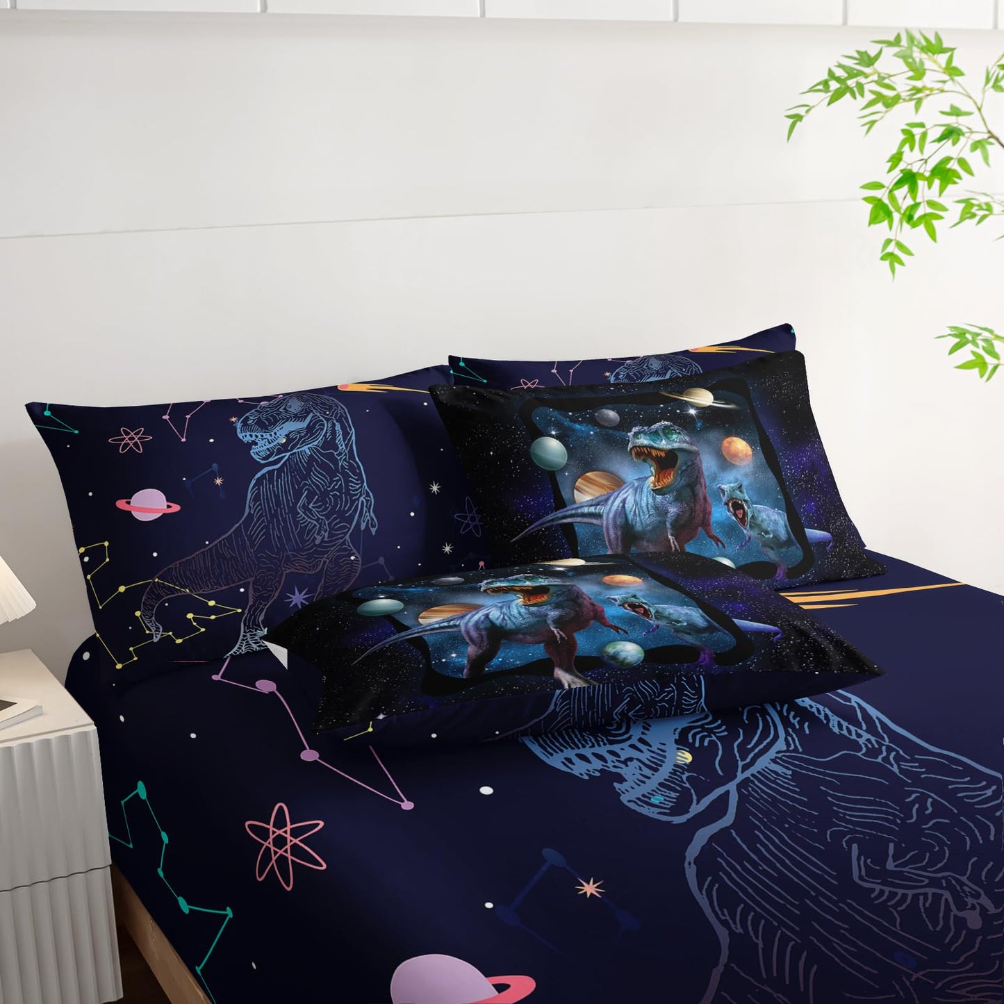 AILONEN Space Galaxy Dinosaur Comforter Set Full Size,7-Piece Soft Bed in a Bag Kids Boys Dino Comforter & Fitted Sheet & Flat Sheet & 2 Pillowcases,2 Pillow Shams for Bedroom