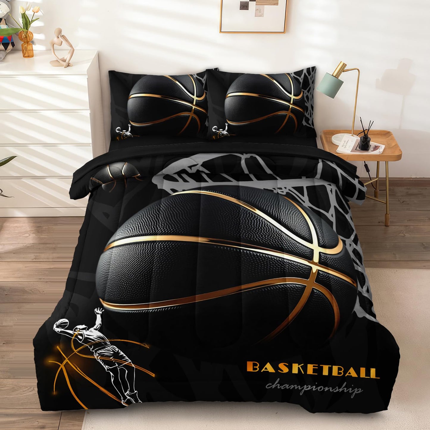 HICAND 5 Pcs Basketball Full Bedding Set for Boys Teens, Full Size Sports Cool Basketball Boys Comforter Set with Sheets