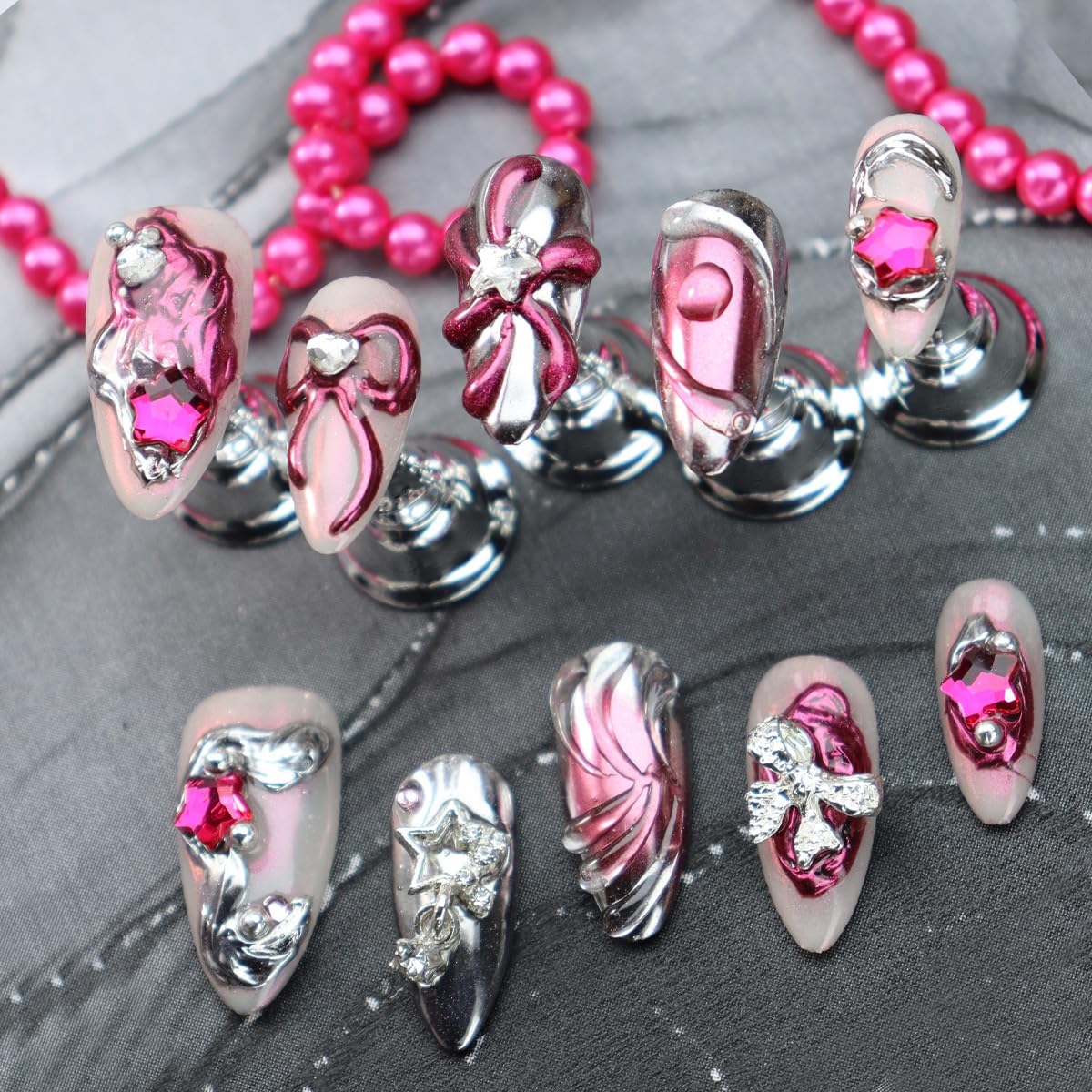 Silver Chrome Press on Nails Bow Fake Nails Star Glue on Nails Pure Hand-Painted Nail Liquid State with Design Pink Ombre Stick on Nail Medium Almond False Nail for Women Girls Exquisite Manicure (L)