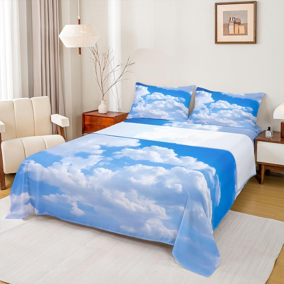Erosebridal Blue Sky and White Clouds Sheet Set Twin Size for Boys Teens, Kids Kawaii Fitted Sheet Nature Bed Sheets Soft Microfiber Top Sheet Bedroom Decor 3 Pieces with 1 Pillowcase