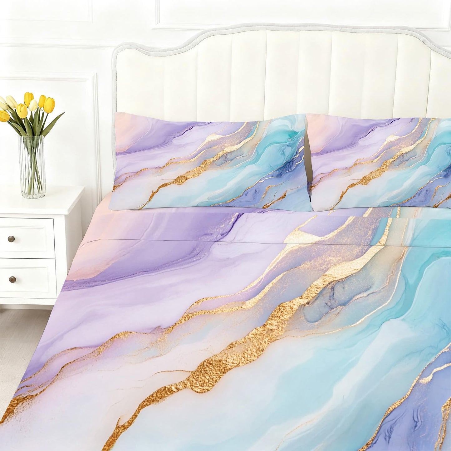 VTKON Pastel Marble Sheets Sets Twin Size Elegant Marbling Fitted Sheet Set Colorful Bed Sheet for Kids Teens Adults Modern Bedspread 1 Fitted Sheet+1 Flat Sheet+1 Pillowcase