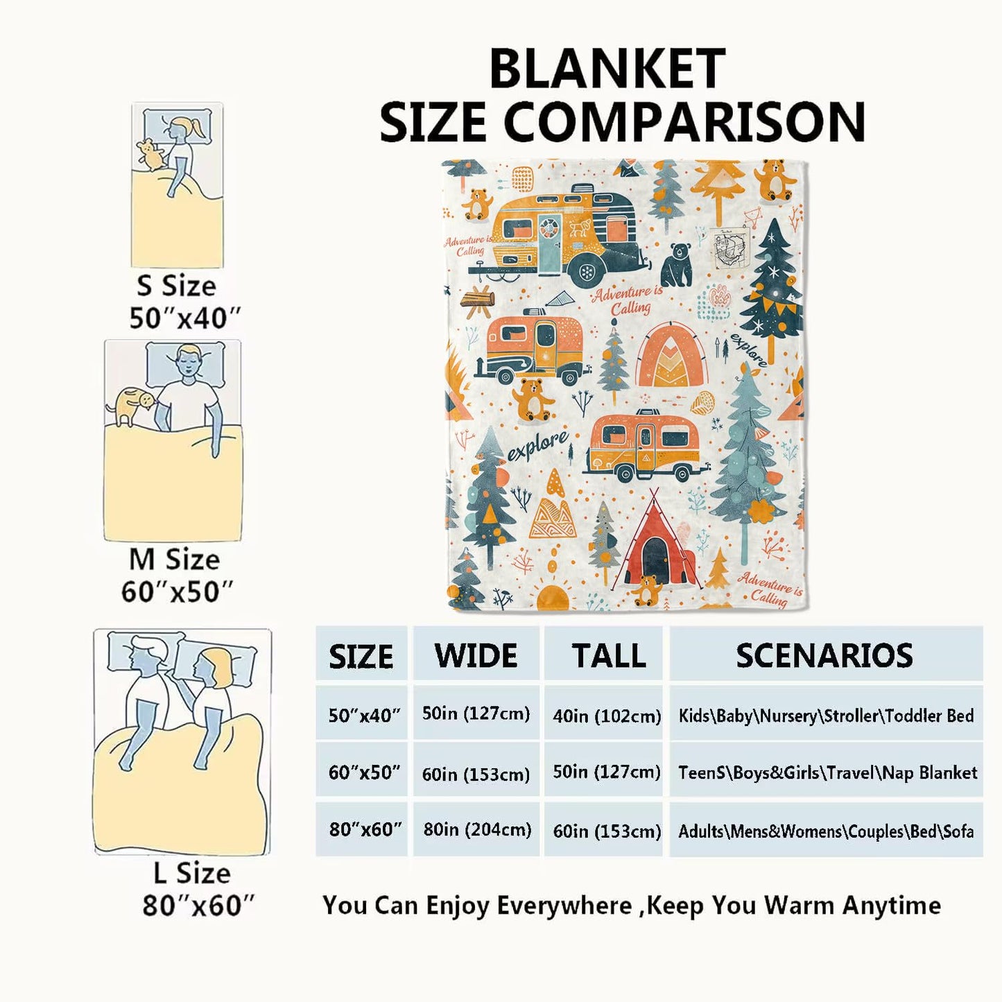 VODRM Adventure Camping Blanket Outdoor Camper Picnic Throw Blankets Gifts for Girls Adults Lightweight Soft Fleece Cozy for Sofa Couch Bed Room Travel Birthday Party Decor 50x60in