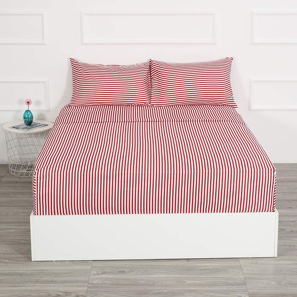 Best Season Ticking Stripe Sheet Set,4 Piece Queen Size Microfiber Bedding,Burgundy Red and White Pinstripe Patterned,Deep Pocket