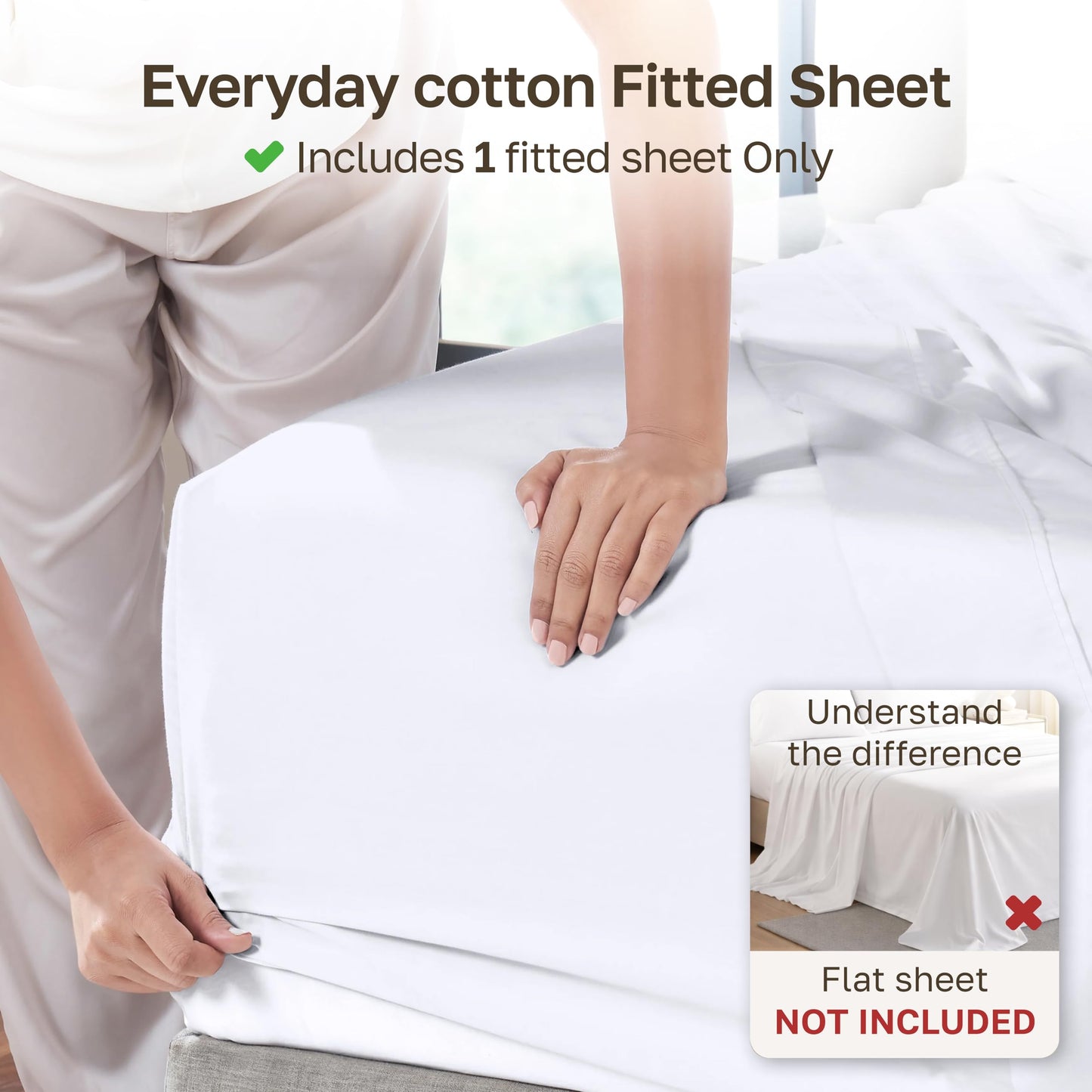 California Design Den White Fitted Sheet King, Soft 100% Cotton Sateen, Deep Pocket, Durable All-Around Elastic, Head/Foot Side Indicators, King Fitted Sheet Only